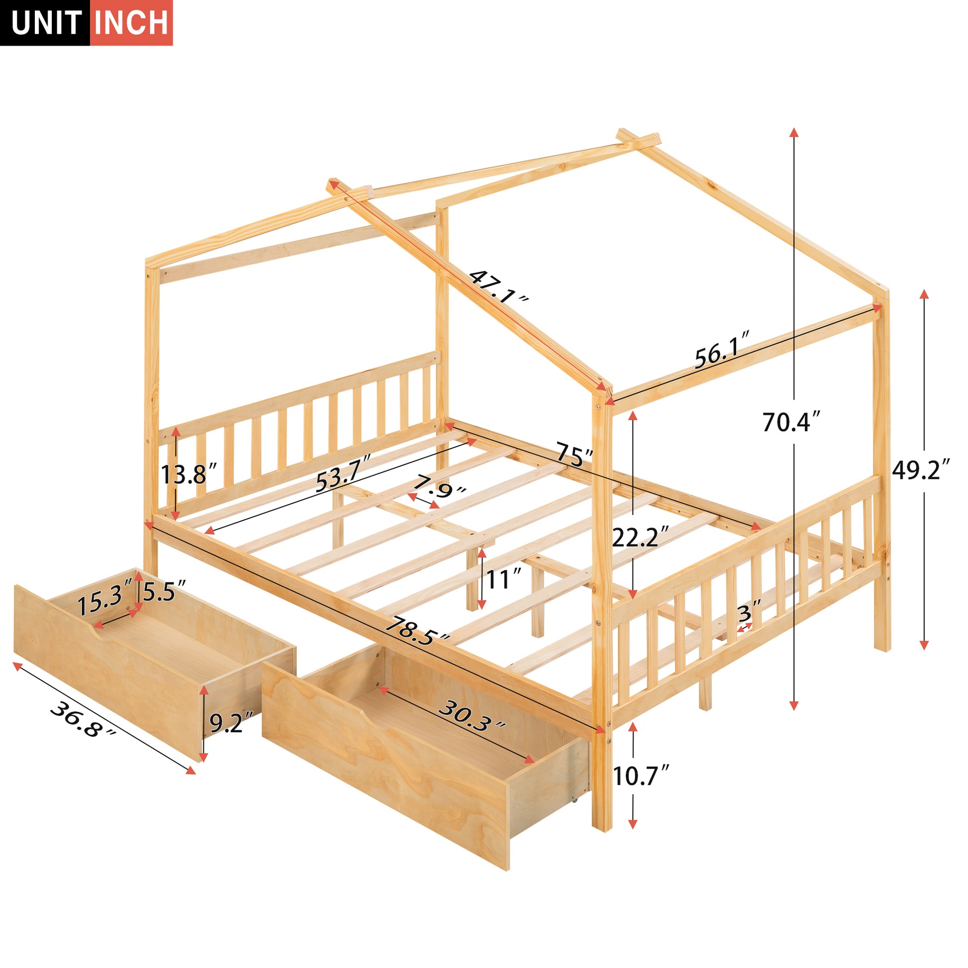 Full Size House Platform Bed With Two Drawers,Headboard And Footboard,Roof Design,Natural Natural Pine