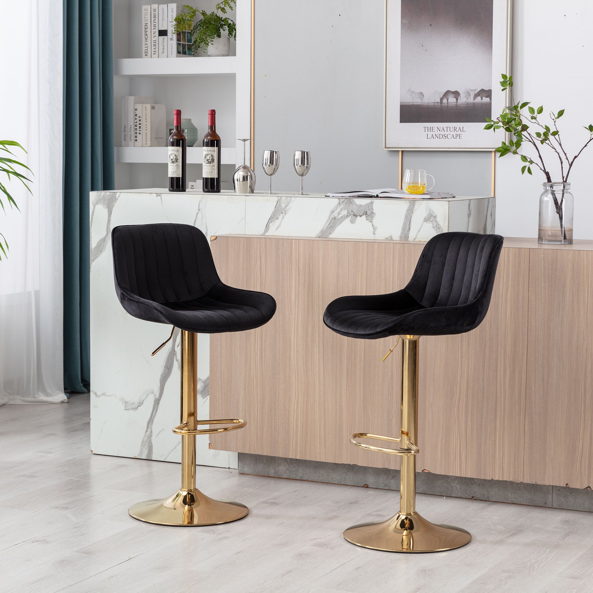 Chrome Footrest And Base Swivel Height Adjustable Mechanical Lifting Velvet Golden Leg Simple Bar Stool,Set Of 2,Black Black Foam Fabric