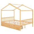 Full Size House Platform Bed With Two Drawers,Headboard And Footboard,Roof Design,Natural Natural Pine