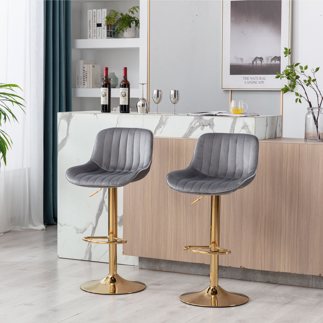 Chrome Footrest And Base Swivel Height Adjustable Mechanical Lifting Velvet Golden Leg Simple Bar Stool,Set Of 2,Grey Grey Foam Fabric