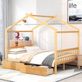 Full Size House Platform Bed With Two Drawers,Headboard And Footboard,Roof Design,Natural Natural Pine