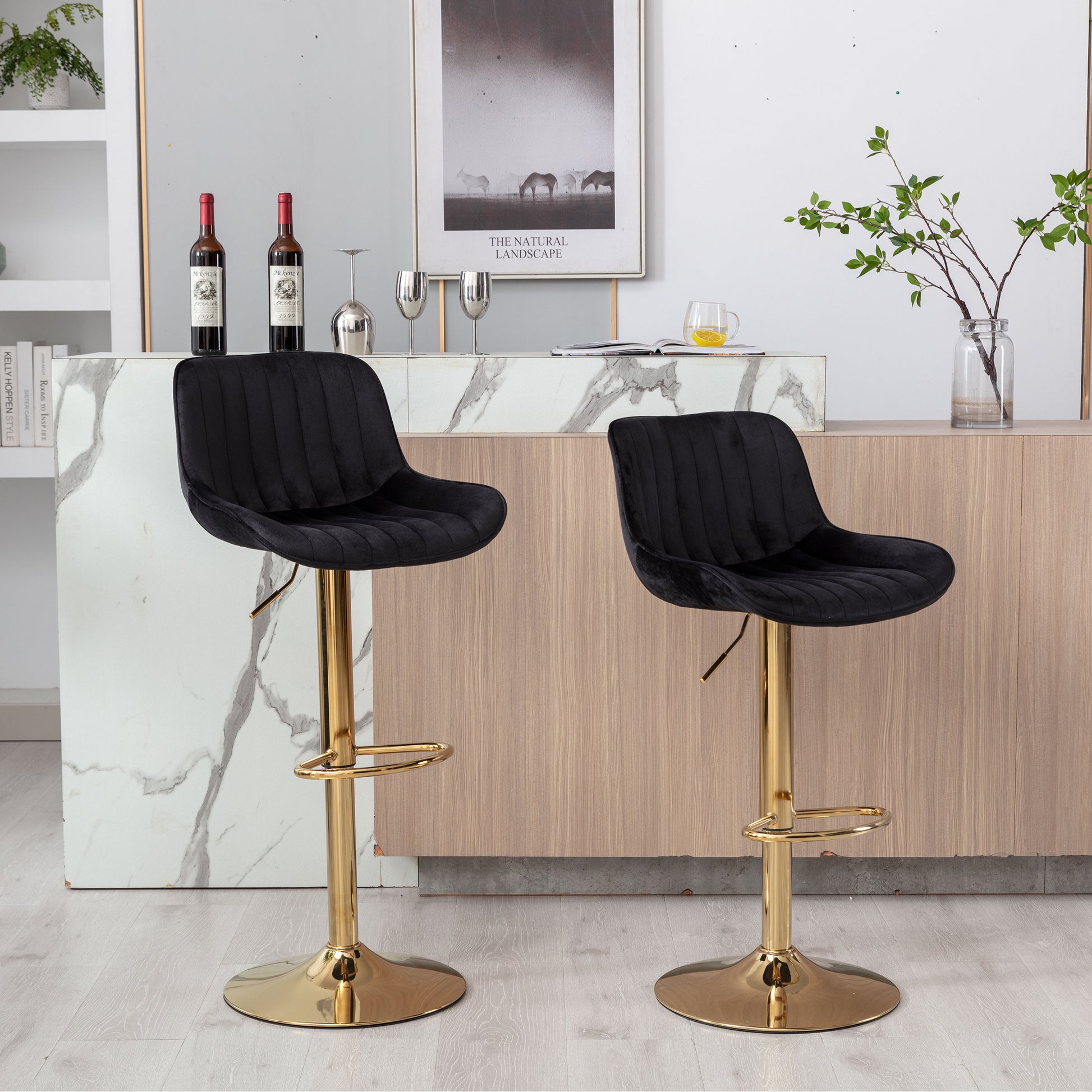 Chrome Footrest And Base Swivel Height Adjustable Mechanical Lifting Velvet Golden Leg Simple Bar Stool,Set Of 2,Black Black Foam Fabric