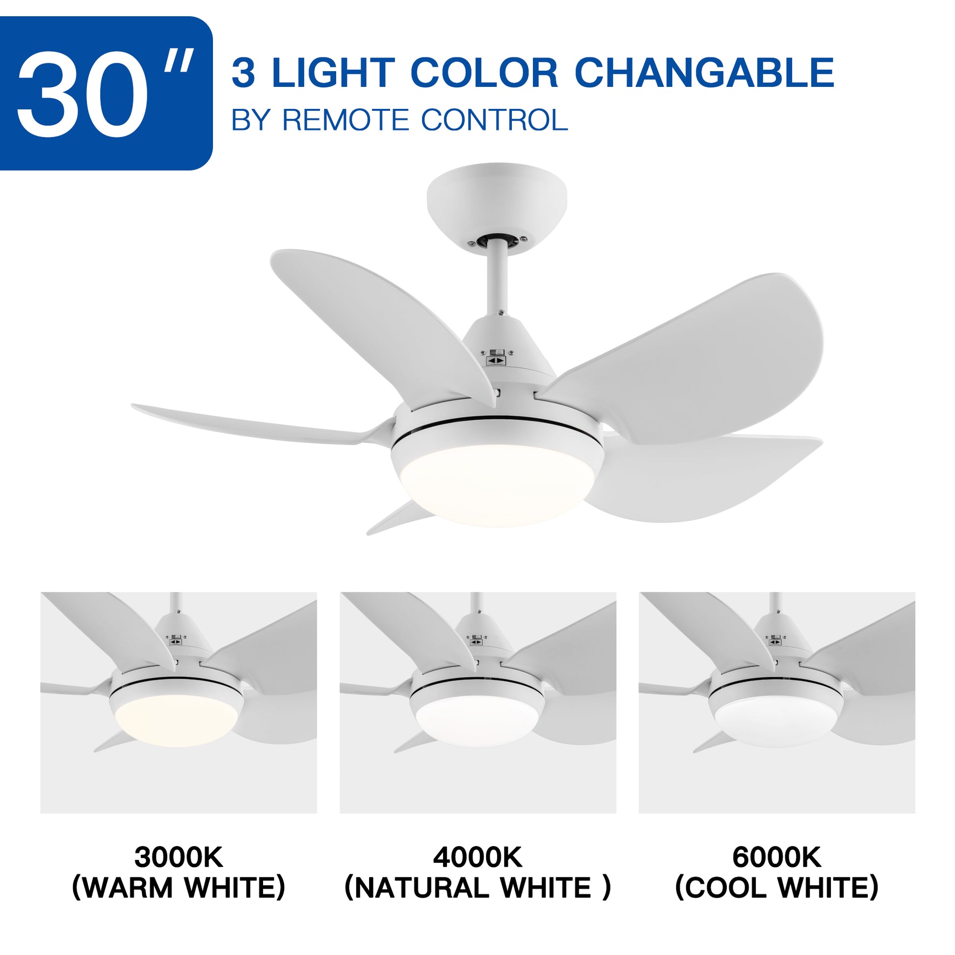 30 In Intergrated Led Ceiling Fan Lighting With White Abs Blade White Abs