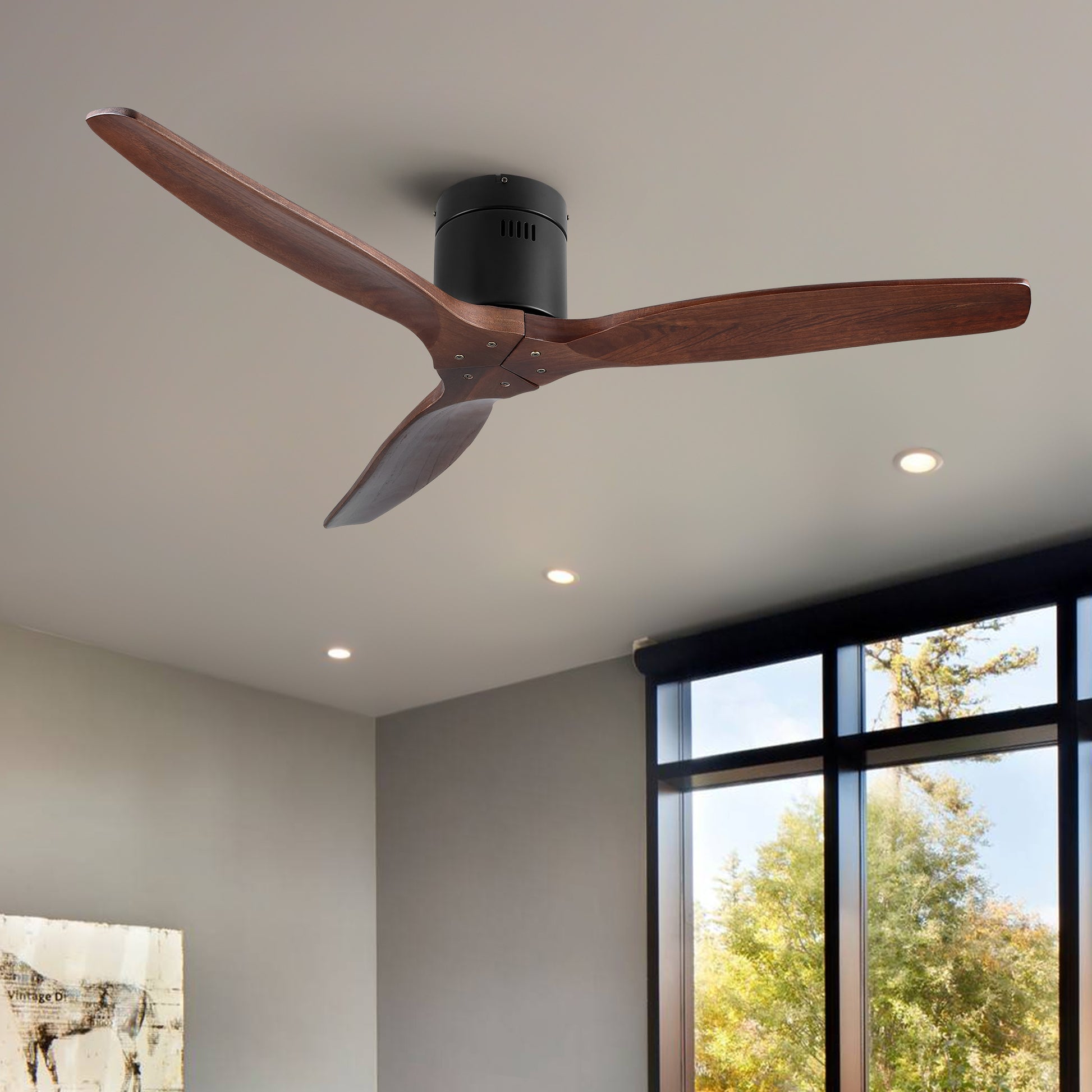 52" Yuhao Farmhouse Rustic Ceiling Fan Without Light Matte Black With Solid Wood Blade Walnut Wood Metal