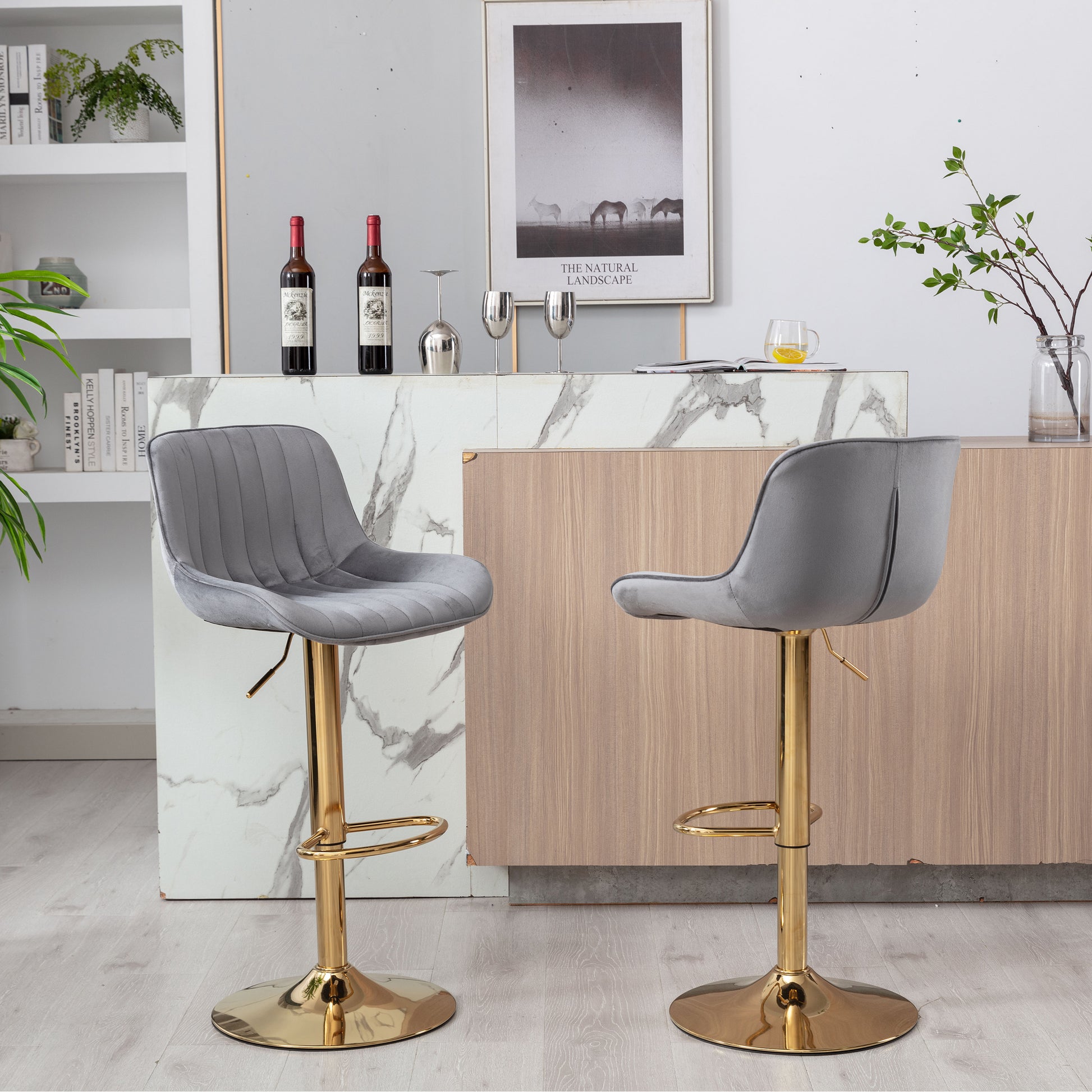 Chrome Footrest And Base Swivel Height Adjustable Mechanical Lifting Velvet Golden Leg Simple Bar Stool,Set Of 2,Grey Grey Foam Fabric