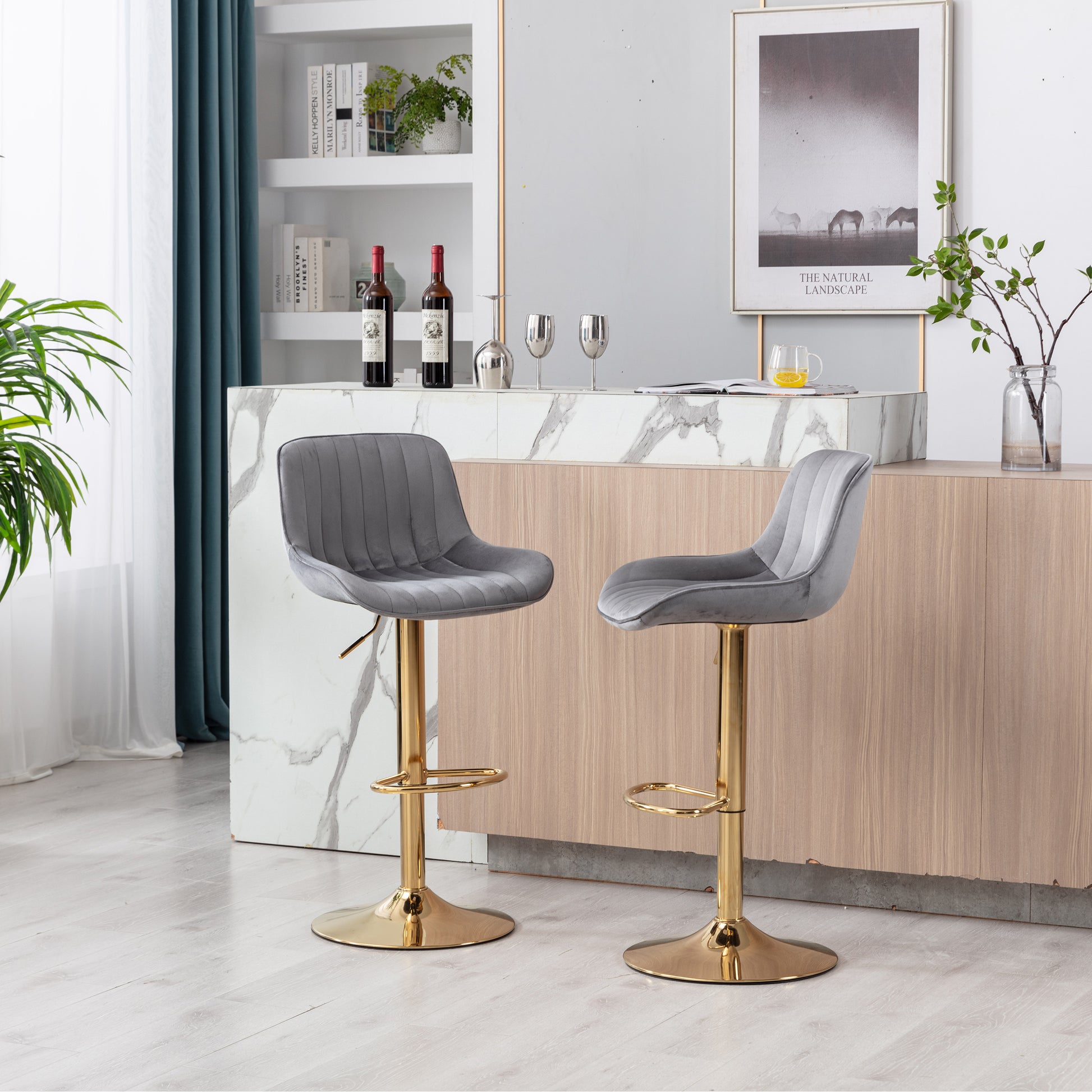 Chrome Footrest And Base Swivel Height Adjustable Mechanical Lifting Velvet Golden Leg Simple Bar Stool,Set Of 2,Grey Grey Foam Fabric
