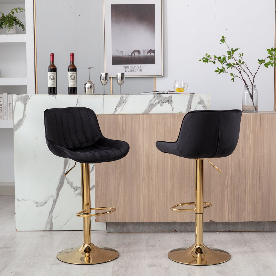 Chrome Footrest And Base Swivel Height Adjustable Mechanical Lifting Velvet Golden Leg Simple Bar Stool,Set Of 2,Black Black Foam Fabric