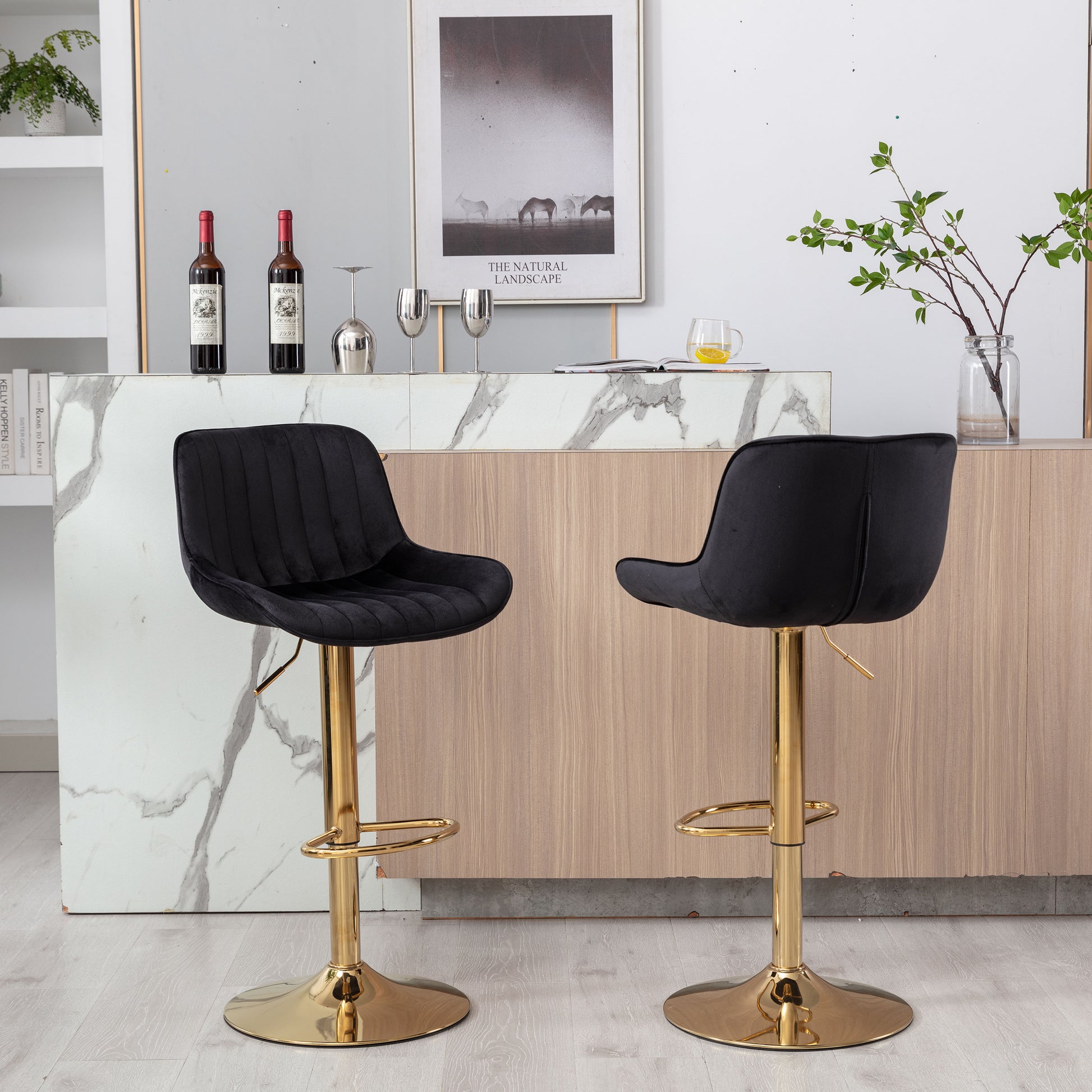 Chrome Footrest And Base Swivel Height Adjustable Mechanical Lifting Velvet Golden Leg Simple Bar Stool,Set Of 2,Black Black Foam Fabric