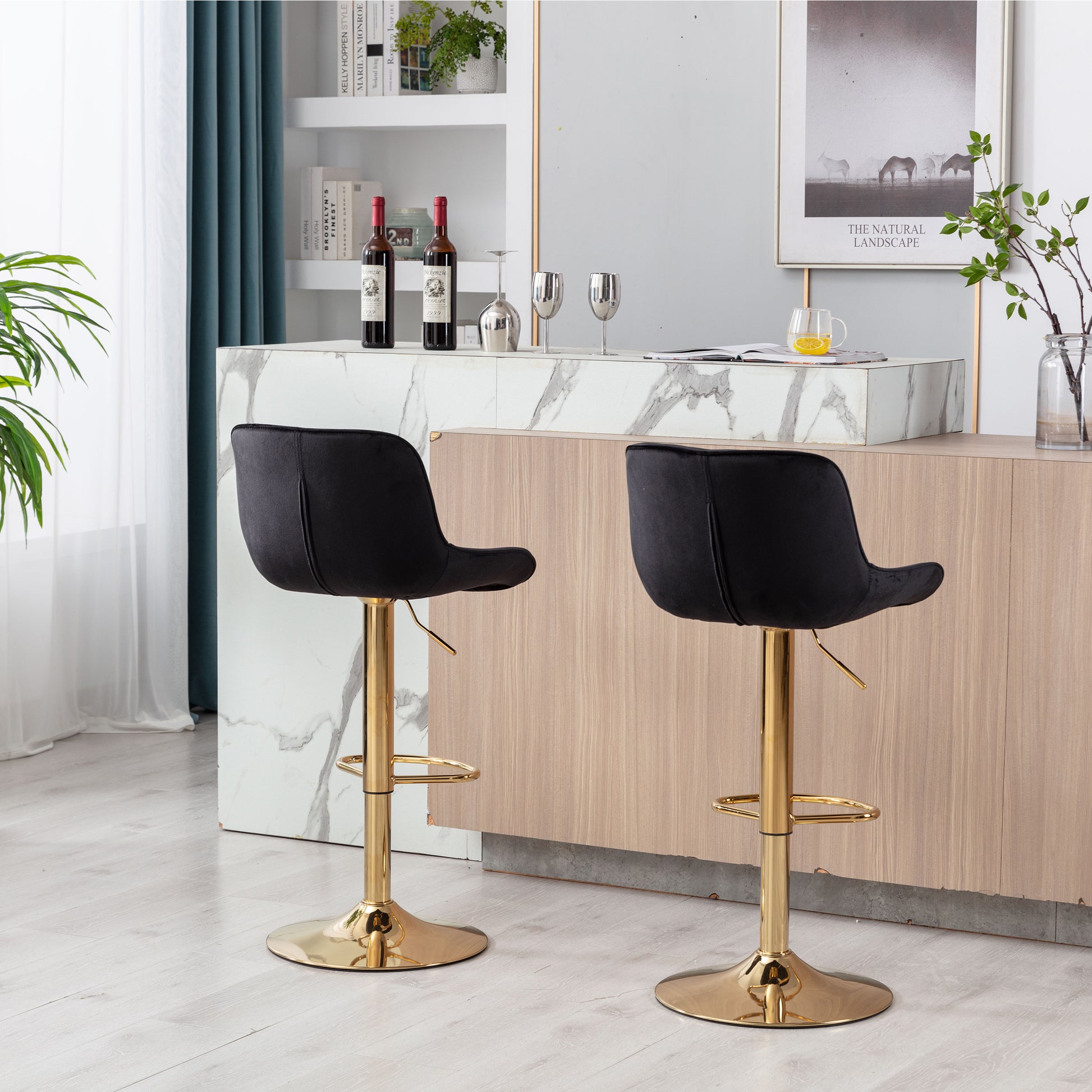 Chrome Footrest And Base Swivel Height Adjustable Mechanical Lifting Velvet Golden Leg Simple Bar Stool,Set Of 2,Black Black Foam Fabric
