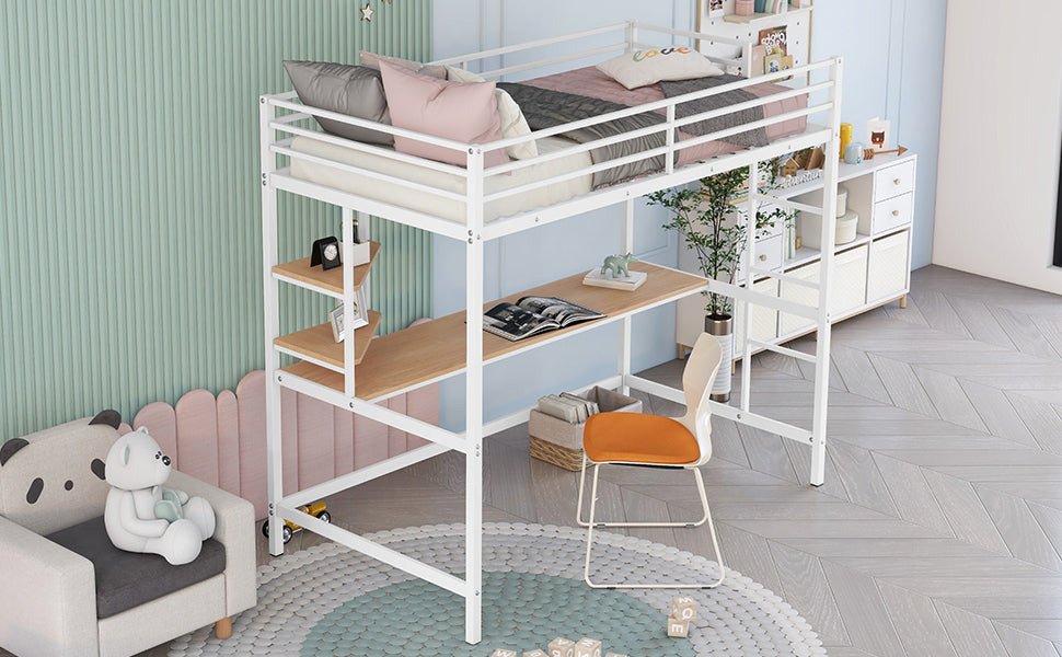 Twin Metal Loft Bed With Desk And Shelve,White White Metal