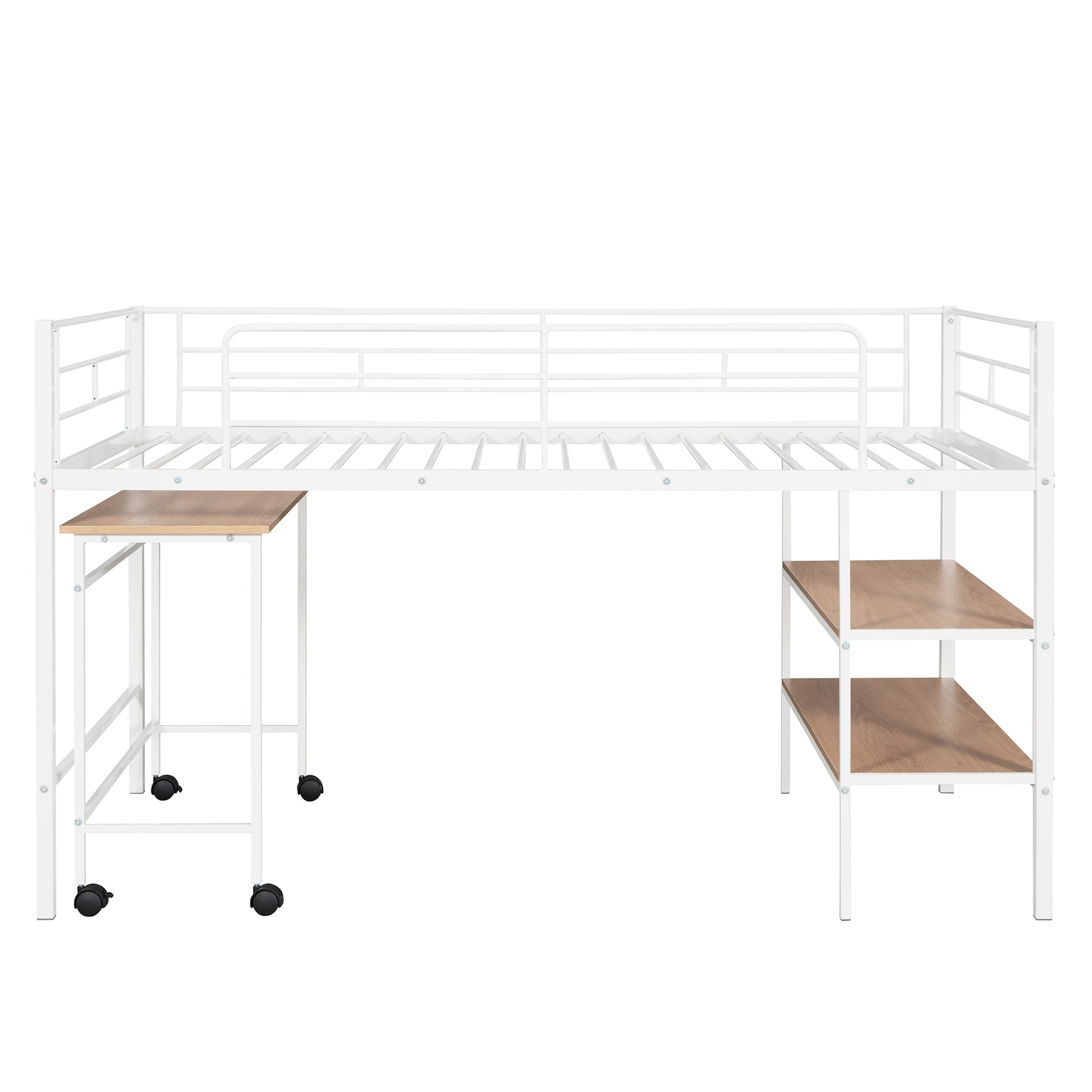 Twin Size Metal Loft Bed With Desk And Shelves,White Twin White Metal