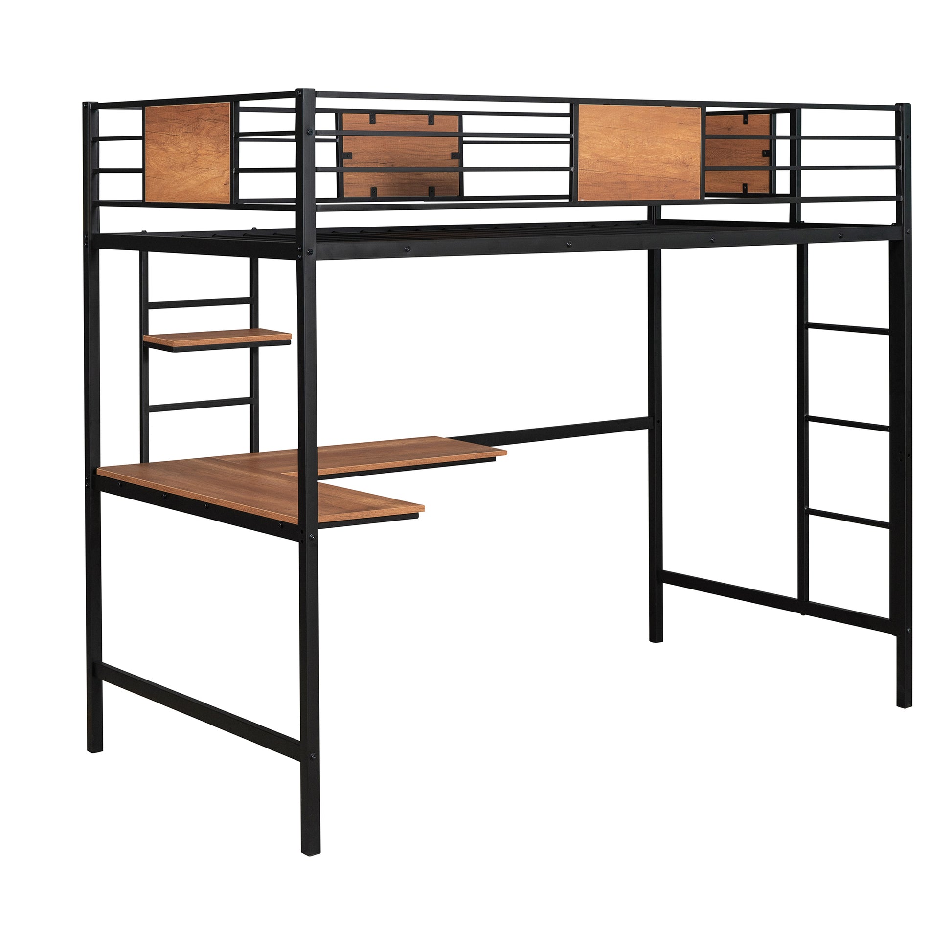 Twin Metal Loft Bed With Desk And Shelve,Black Twin Black Metal