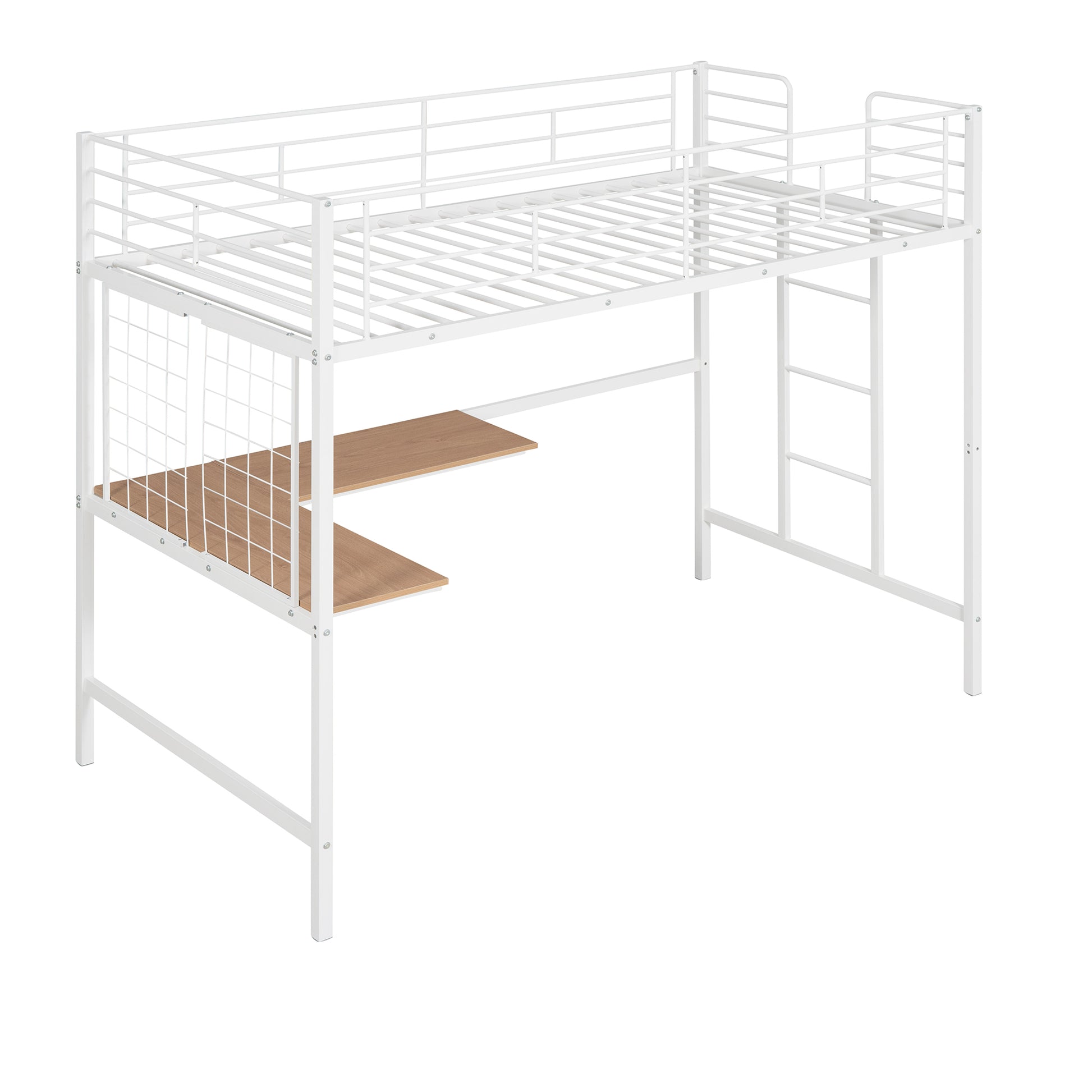 Twin Metal Loft Bed With Desk And Metal Grid,White Twin White Metal