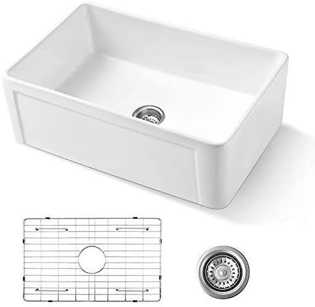 30 Inch Fireclay Kitchen Sink Farmhouse Reversiable Single Bowl, Apron Farm White Single Bowl Sink Antique White Ceramic