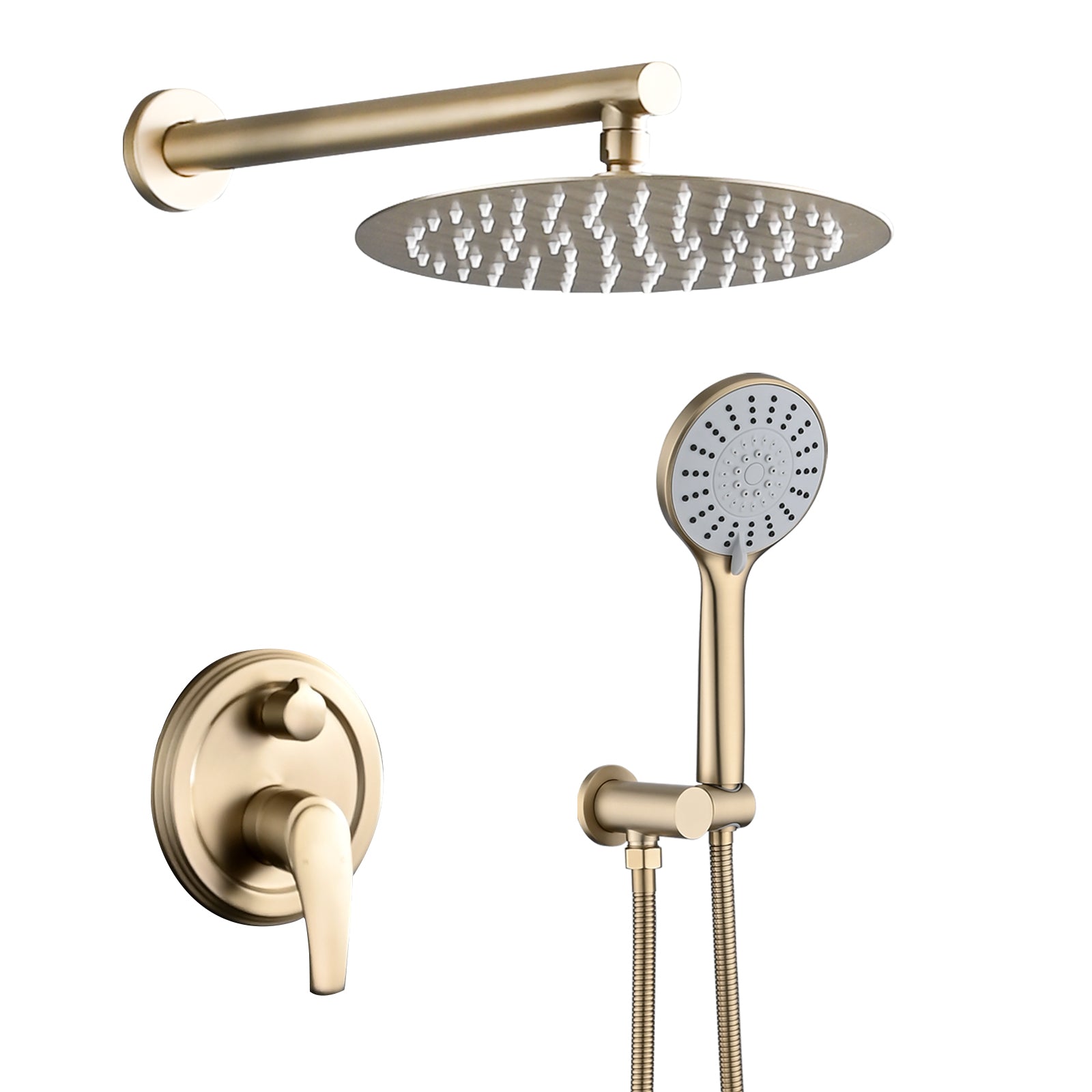 10 Inches Wall Mounted Shower With High Pressure Rain Shower Head And 5 Function Handheld Shower Head Brushed Gold Stainless Steel