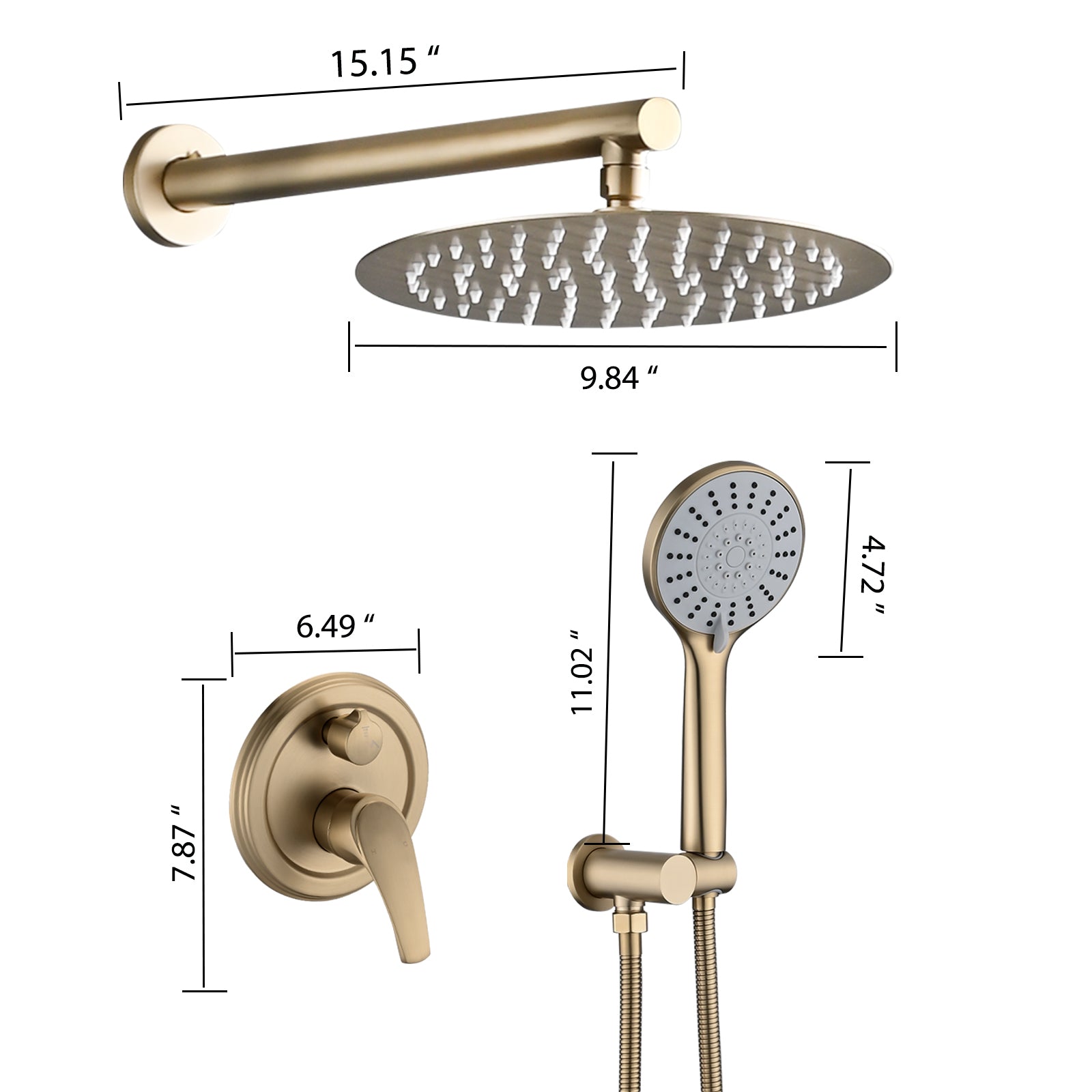 10 Inches Wall Mounted Shower With High Pressure Rain Shower Head And 5 Function Handheld Shower Head Brushed Gold Stainless Steel