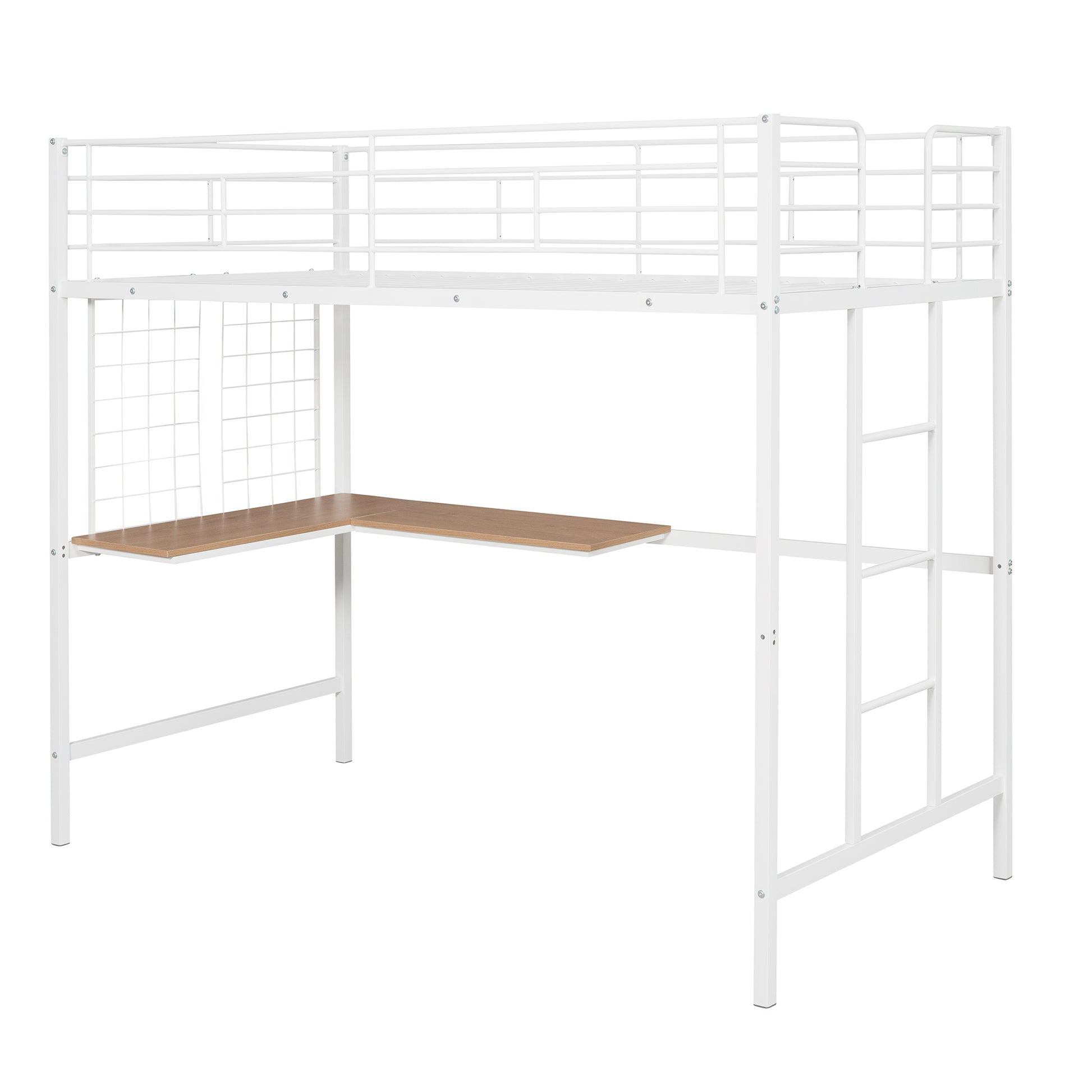 Twin Metal Loft Bed With Desk And Metal Grid,White Twin White Metal