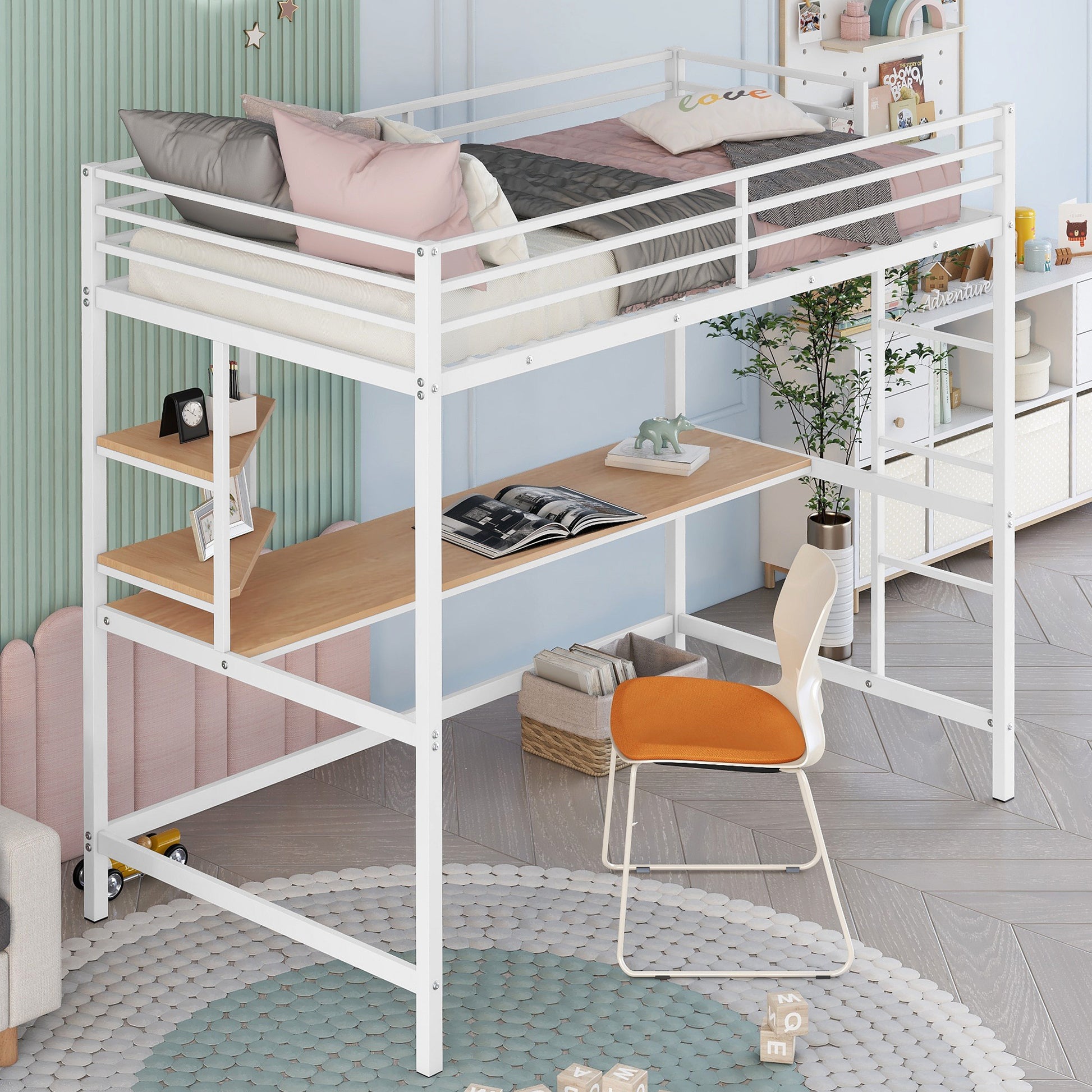 Twin Metal Loft Bed With Desk And Shelve,White White Metal