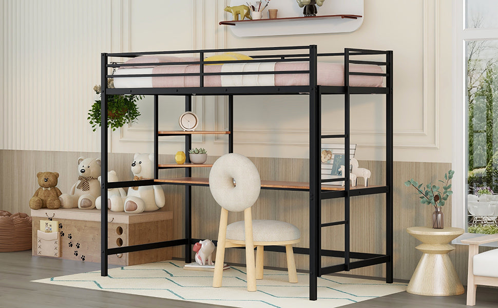 Twin Metal Loft Bed With Desk And Shelve,Black Black Metal