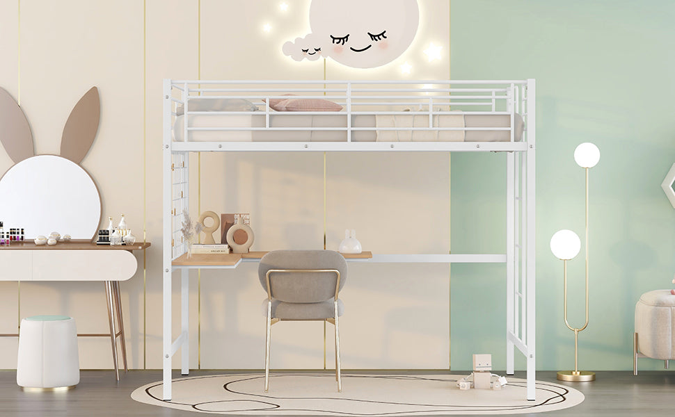 Twin Metal Loft Bed With Desk And Metal Grid,White Twin White Metal