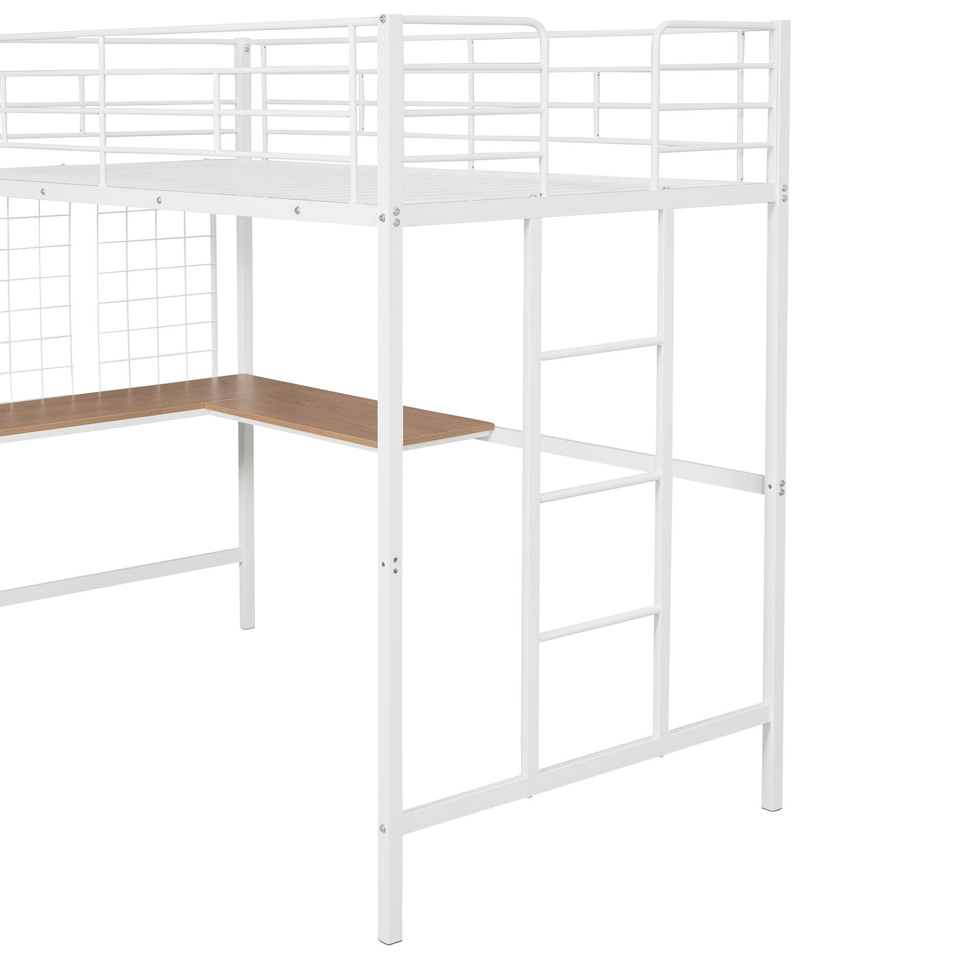 Twin Metal Loft Bed With Desk And Metal Grid,White Twin White Metal