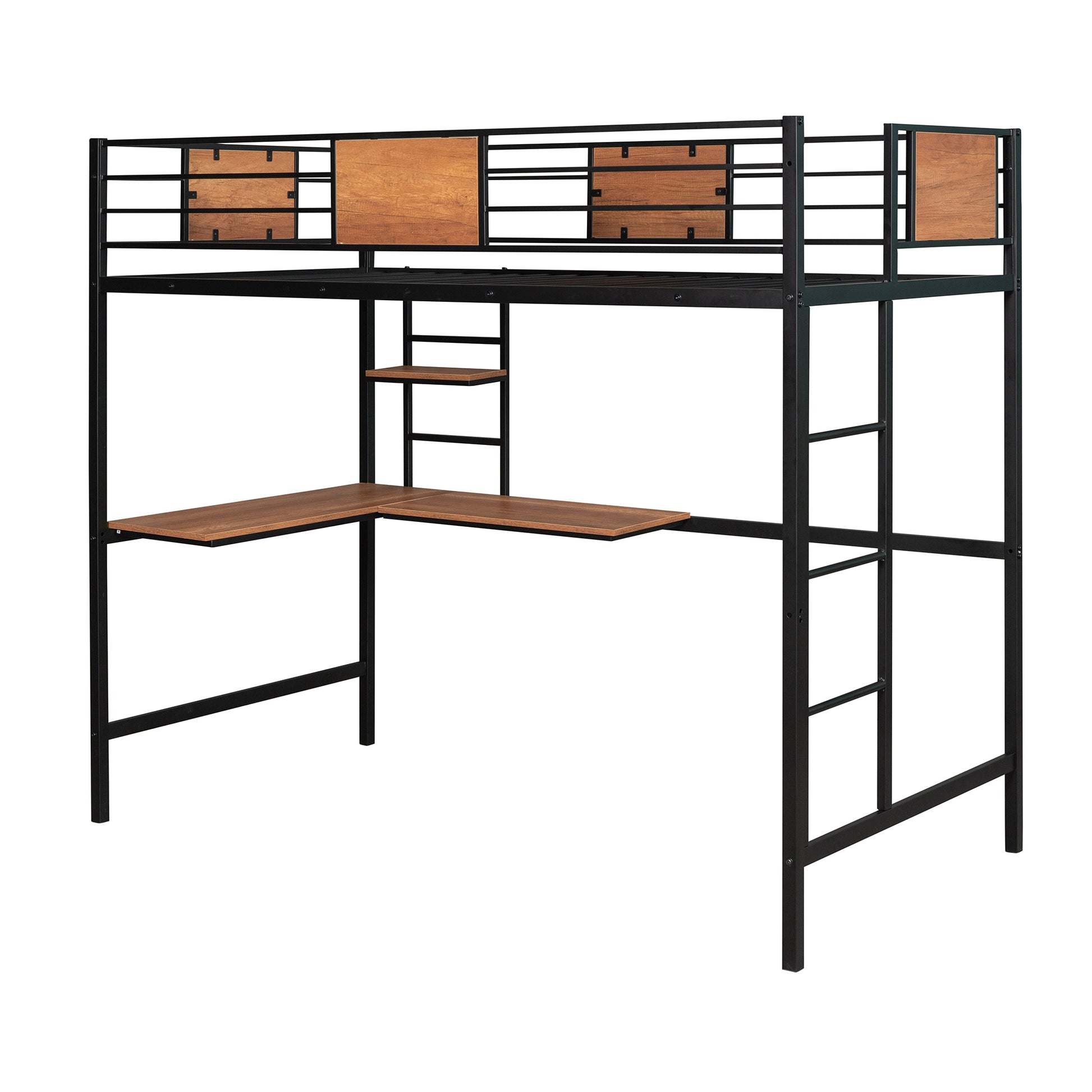 Twin Metal Loft Bed With Desk And Shelve,Black Twin Black Metal