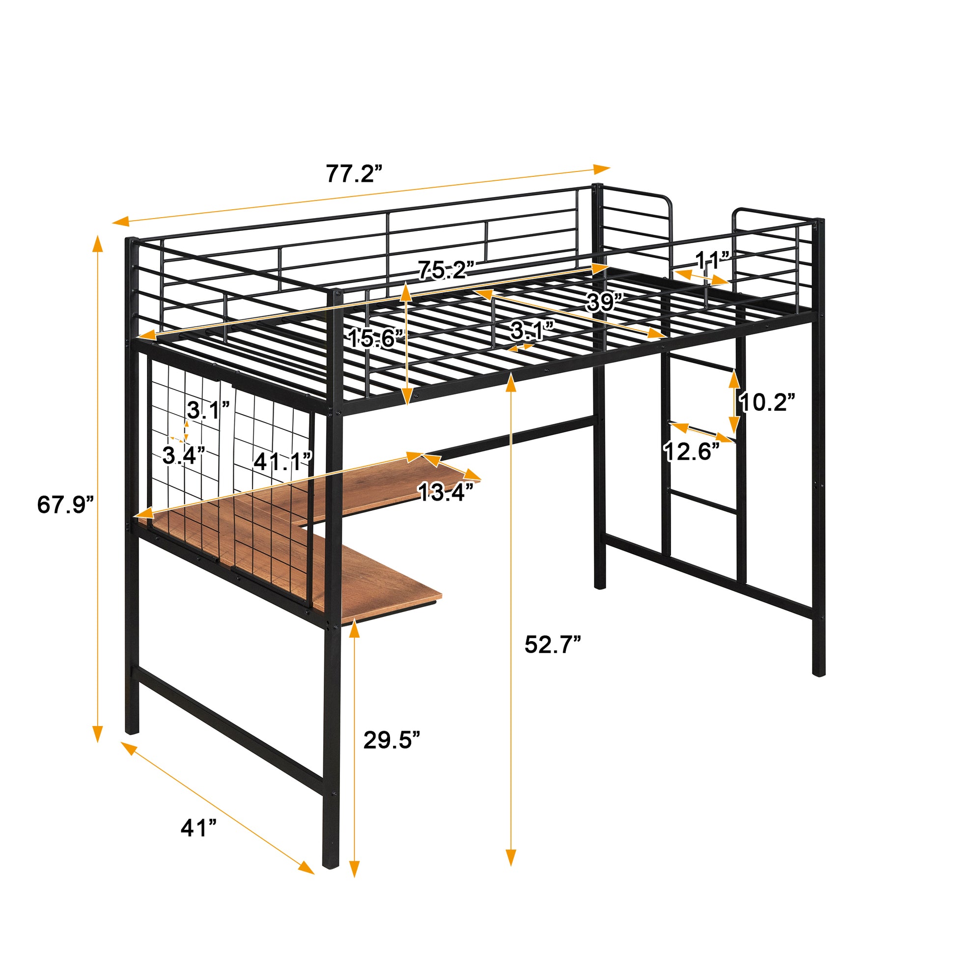 Twin Metal Loft Bed With Desk And Metal Grid,Black Twin Black Metal