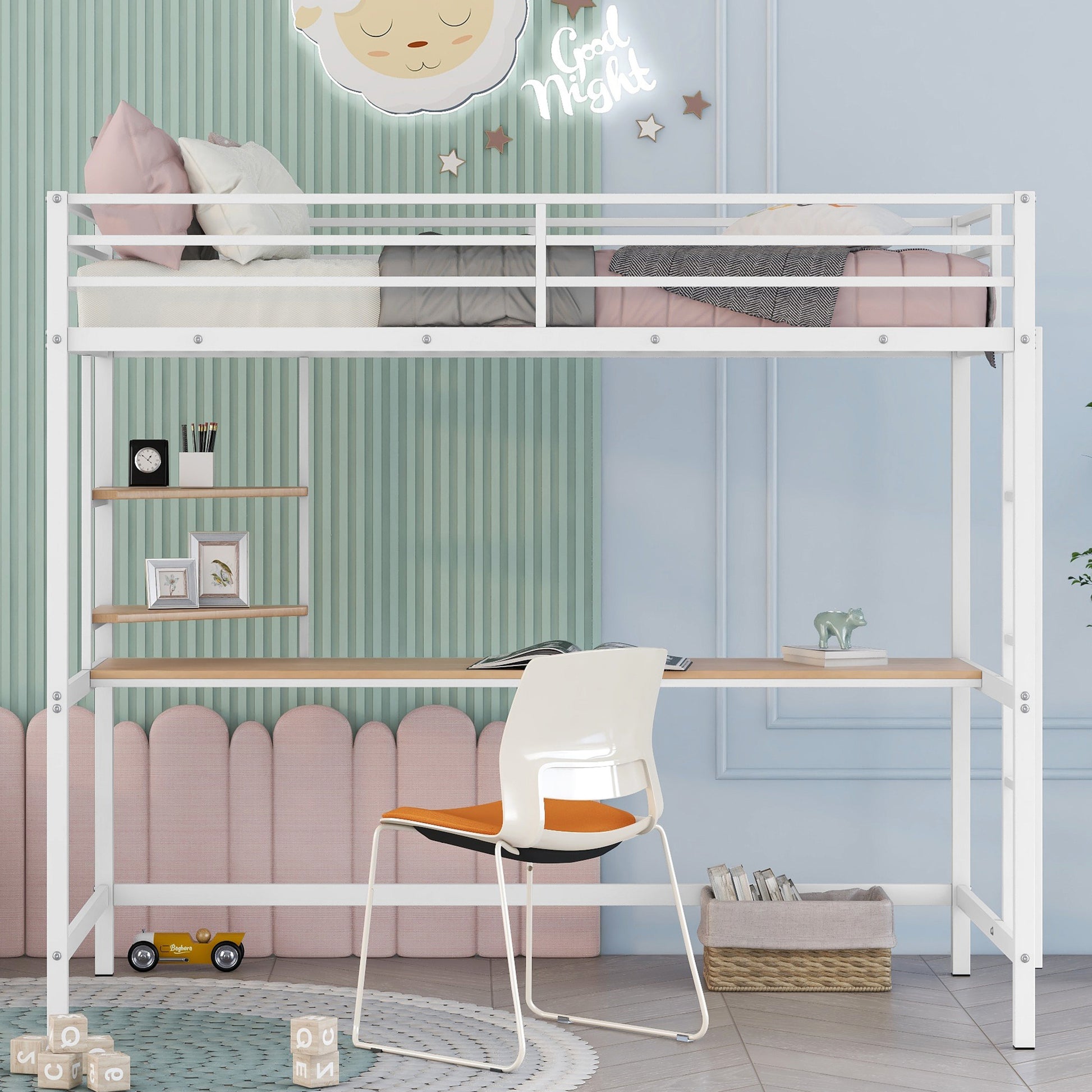 Twin Metal Loft Bed With Desk And Shelve,White White Metal