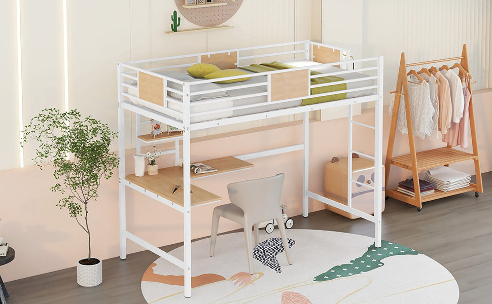 Twin Metal Loft Bed With Desk And Shelve,White Twin White Metal