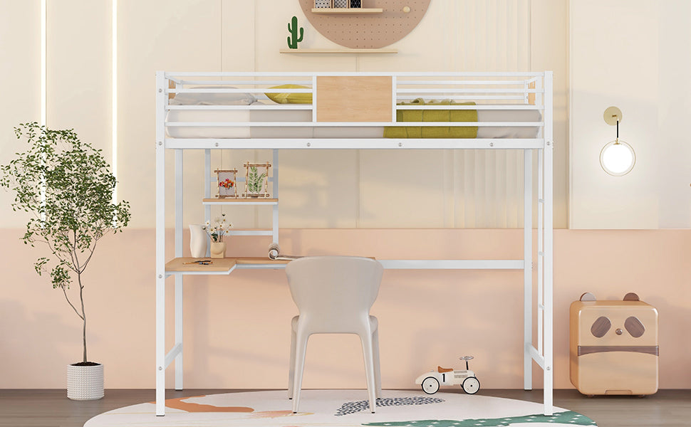 Twin Metal Loft Bed With Desk And Shelve,White Twin White Metal