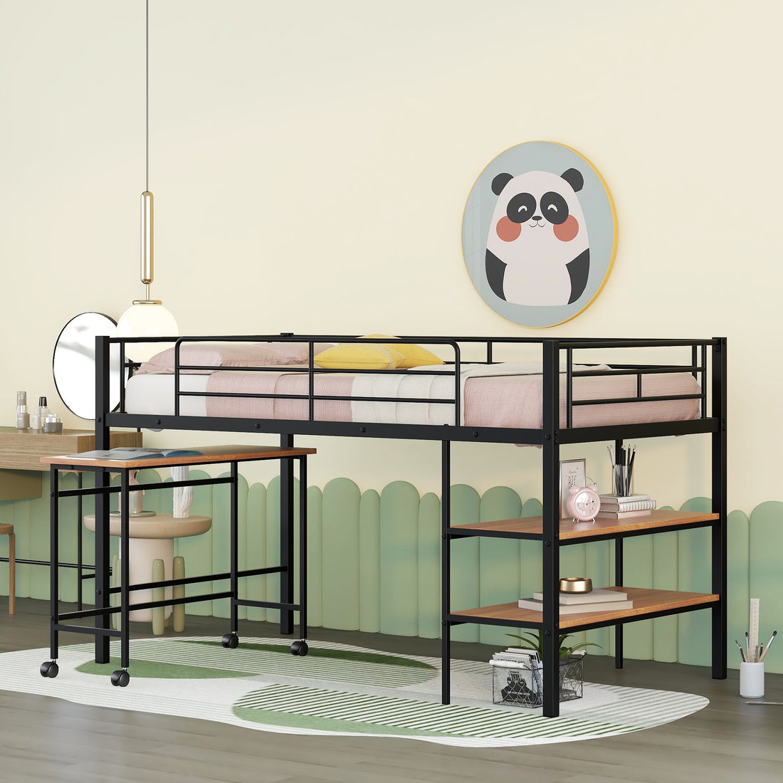 Twin Size Metal Loft Bed With Desk And Shelves,Black Twin Black Metal