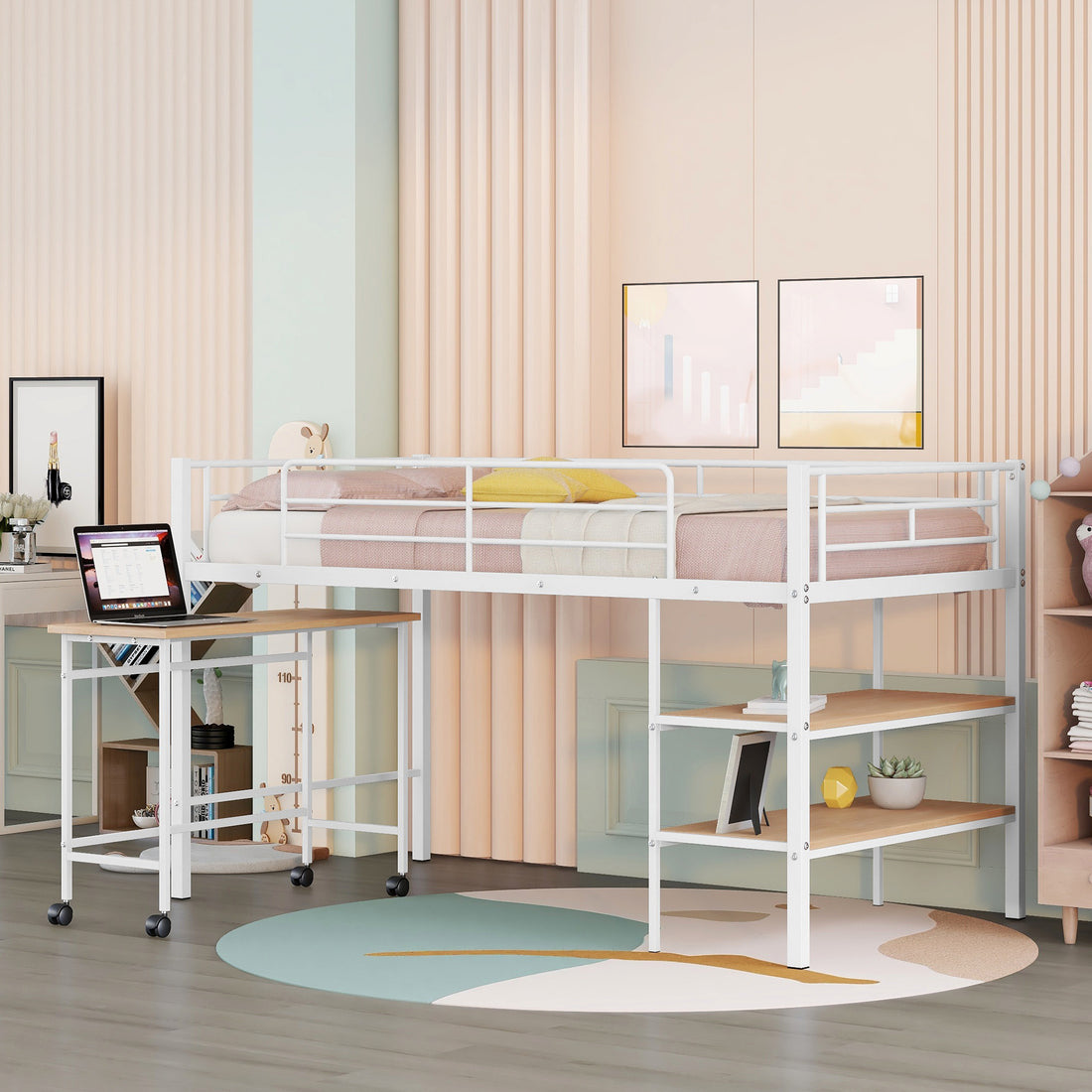 Twin Size Metal Loft Bed With Desk And Shelves,White Twin White Metal