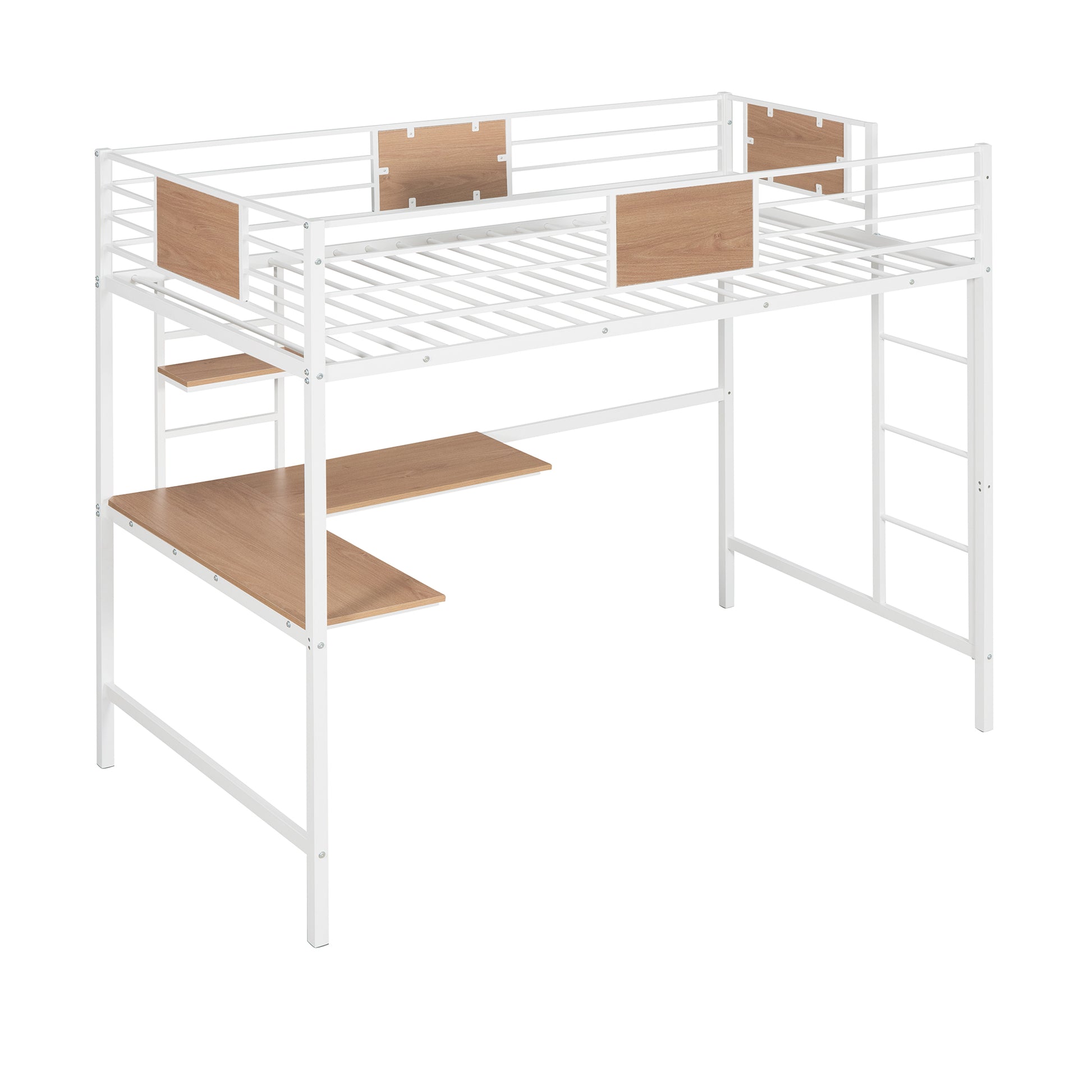 Twin Metal Loft Bed With Desk And Shelve,White Twin White Metal