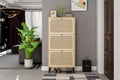 Natural Rattan 3 Door Shoe Rack, Freestanding Modern Shoe Storage Cabinet, For Entryway White Walnut Particle Board