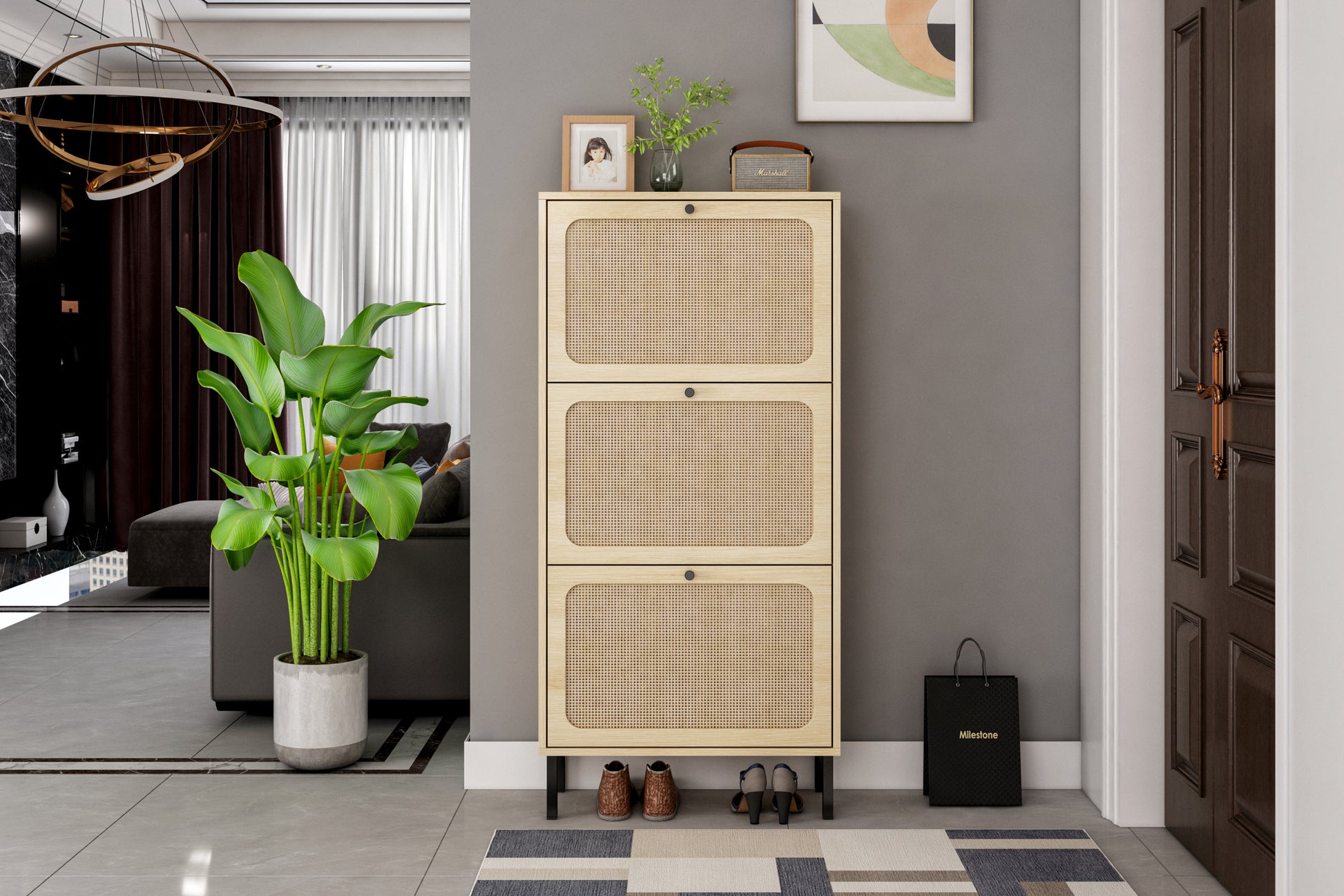 Natural Rattan 3 Door Shoe Rack, Freestanding Modern Shoe Storage Cabinet, For Entryway White Walnut Particle Board