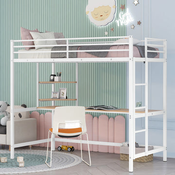 Twin Metal Loft Bed With Desk And Shelve,White White Metal