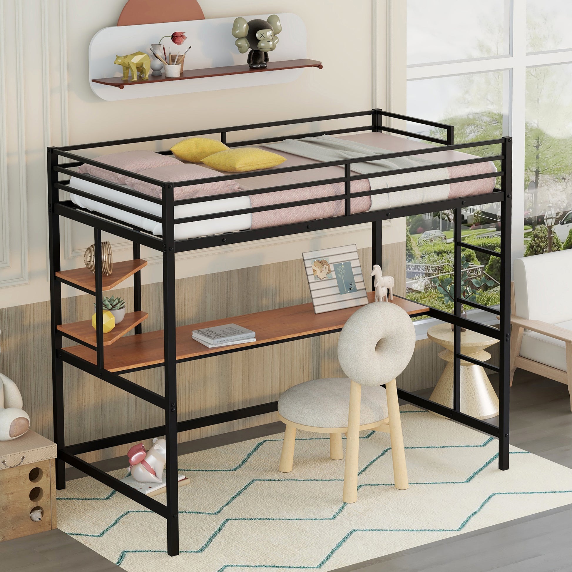 Twin Metal Loft Bed With Desk And Shelve,Black Black Metal