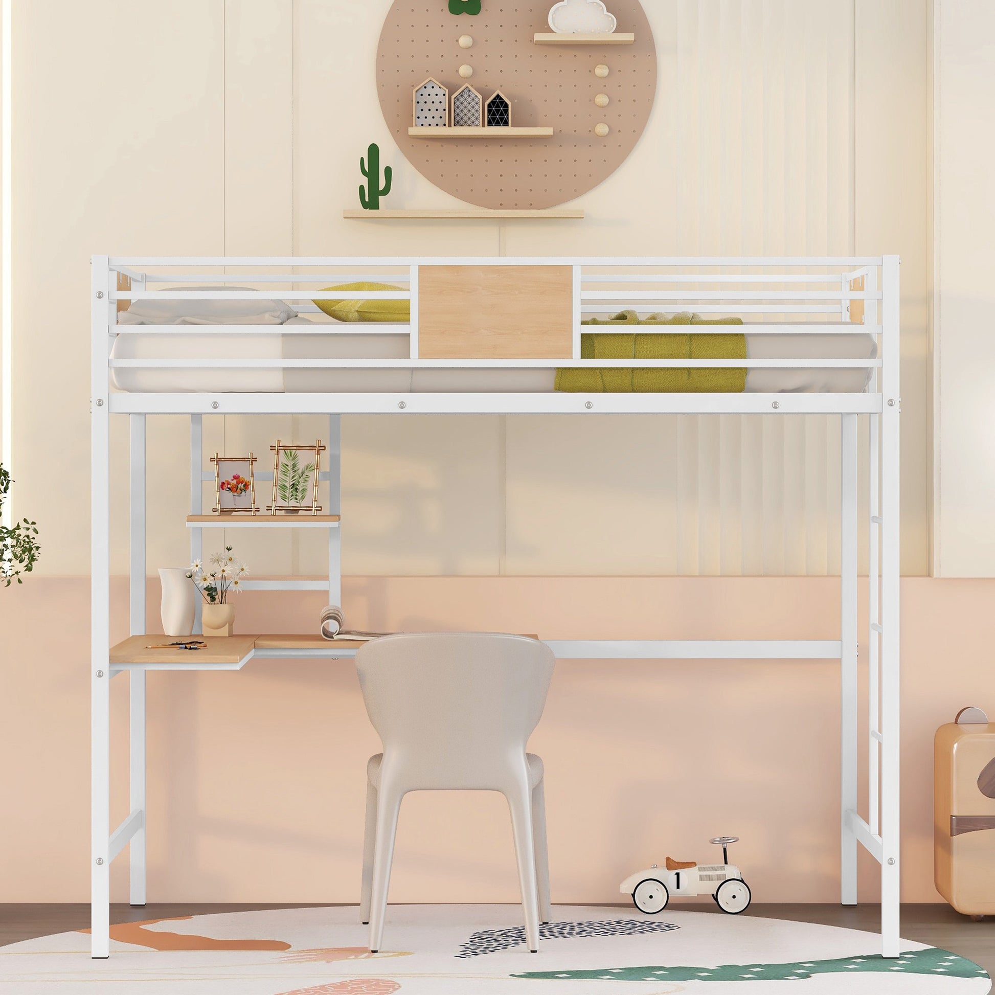 Twin Metal Loft Bed With Desk And Shelve,White Twin White Metal