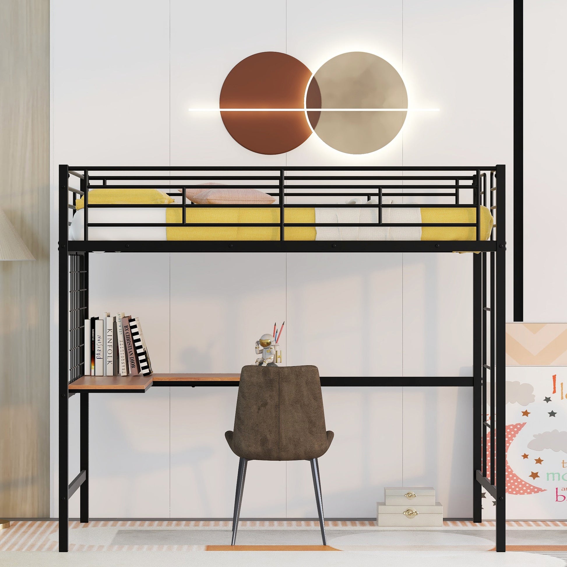 Twin Metal Loft Bed With Desk And Metal Grid,Black Twin Black Metal