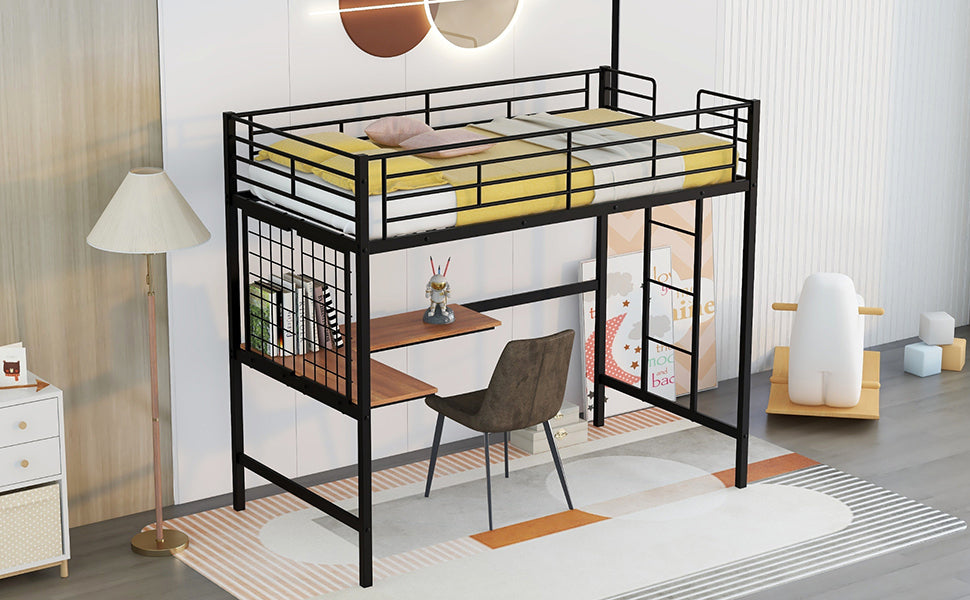 Twin Metal Loft Bed With Desk And Metal Grid,Black Twin Black Metal