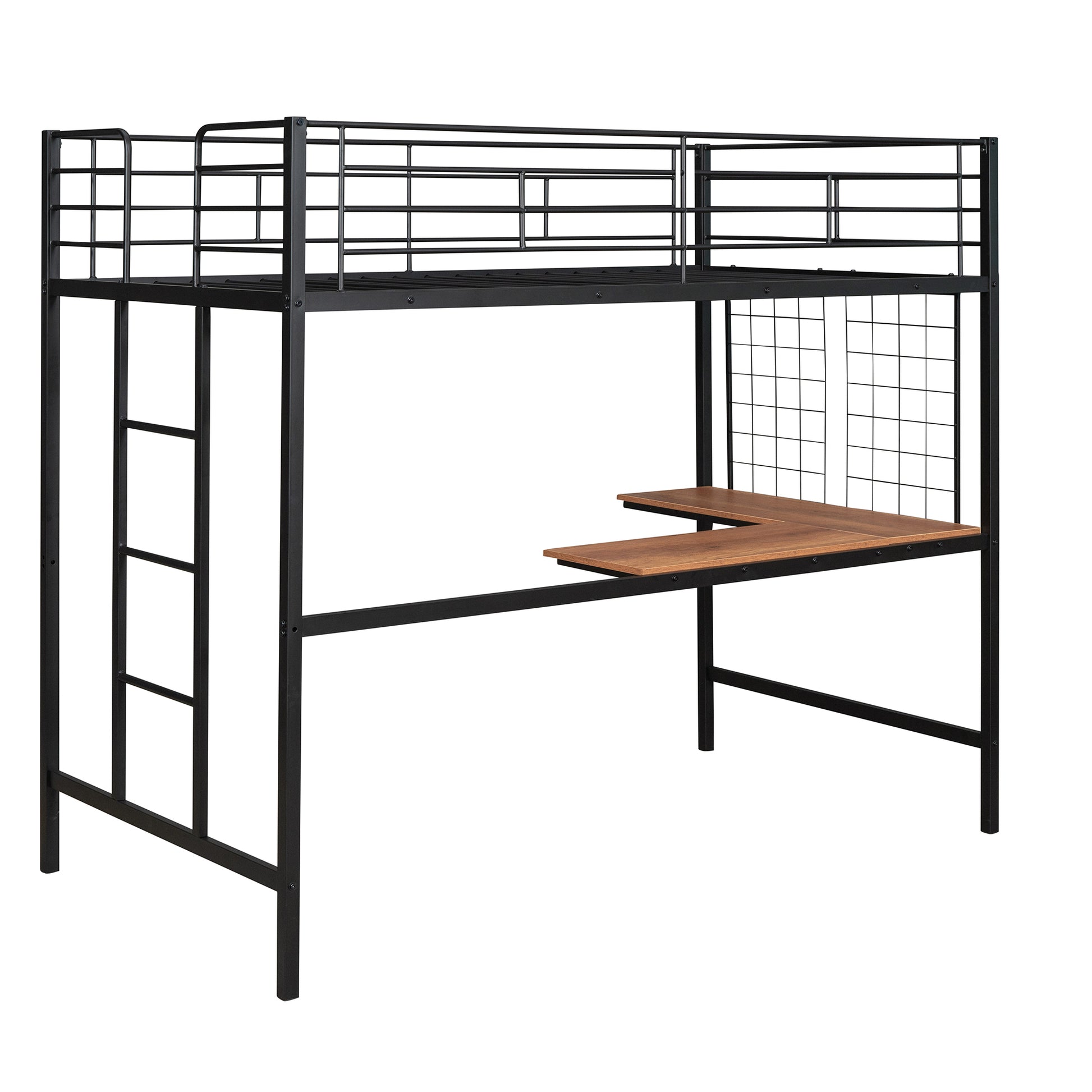 Twin Metal Loft Bed With Desk And Metal Grid,Black Twin Black Metal