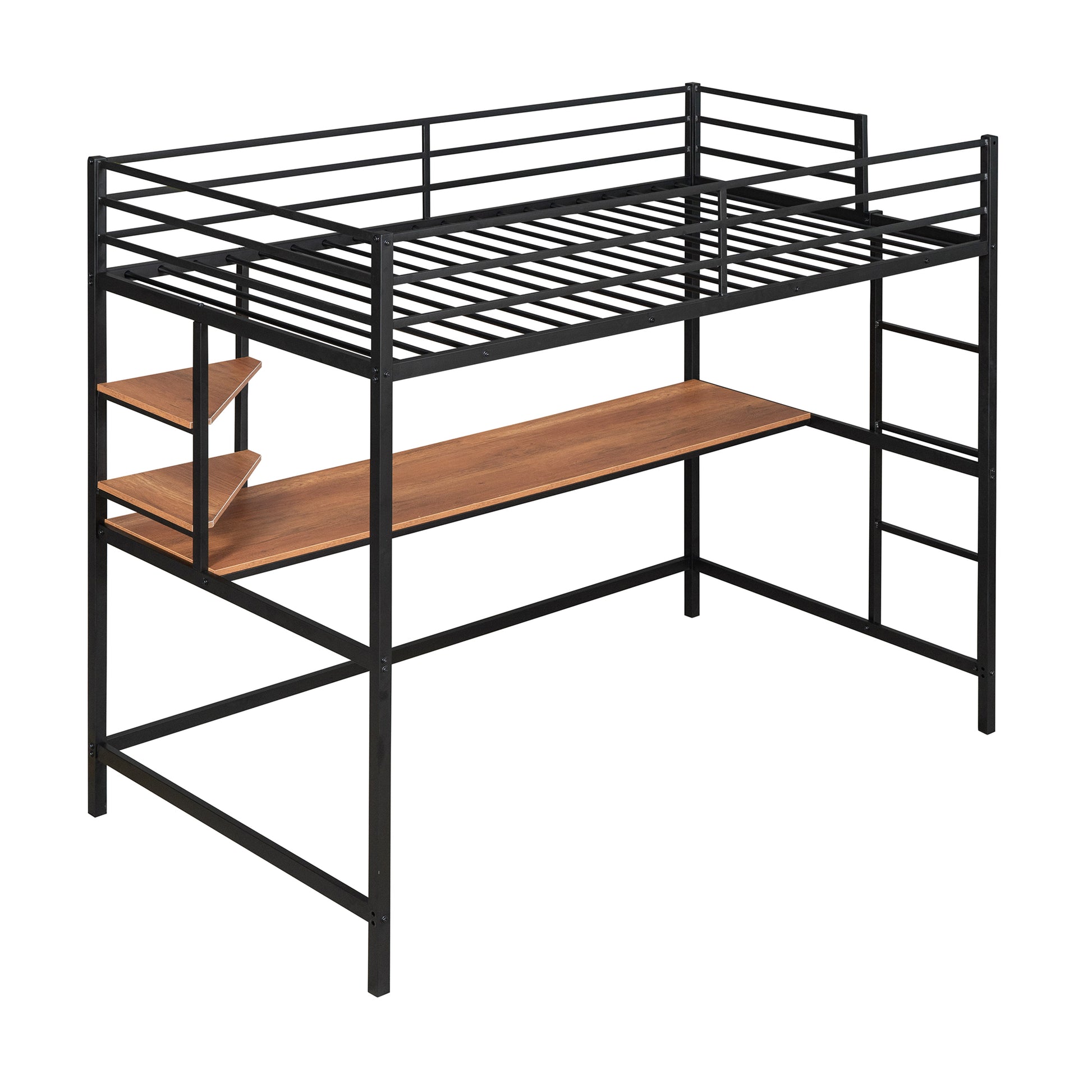 Twin Metal Loft Bed With Desk And Shelve,Black Black Metal