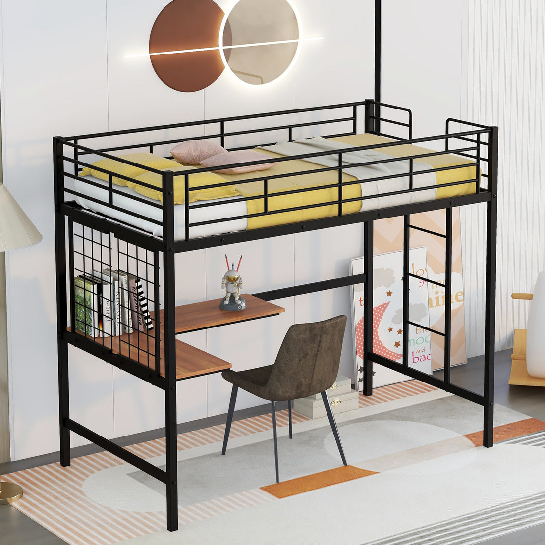 Twin Metal Loft Bed With Desk And Metal Grid,Black Twin Black Metal