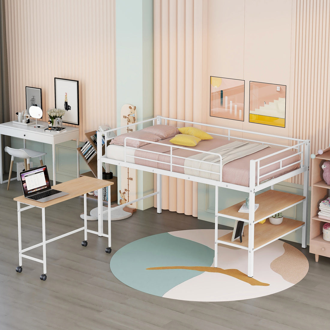 Twin Size Metal Loft Bed With Desk And Shelves,White Twin White Metal