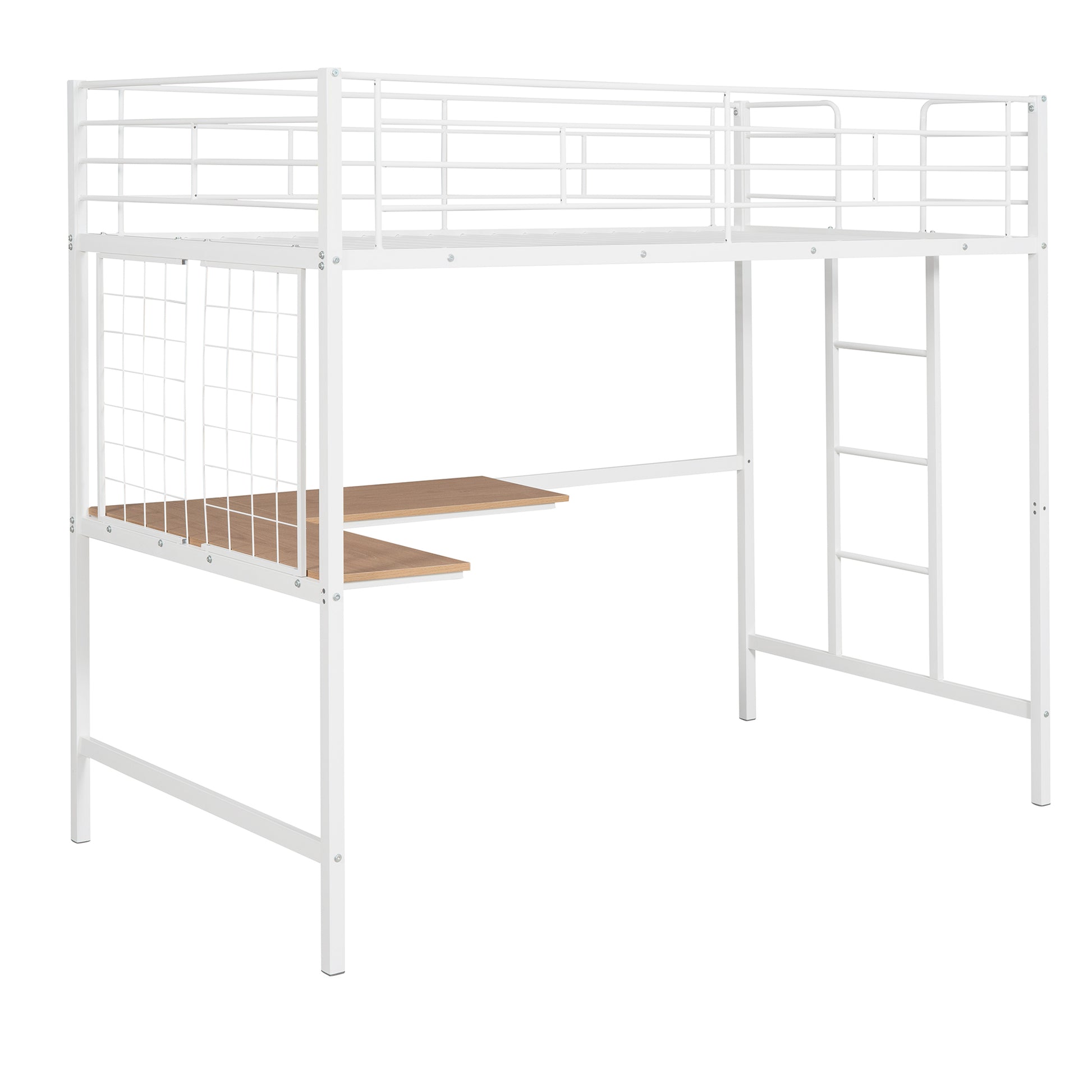 Twin Metal Loft Bed With Desk And Metal Grid,White Twin White Metal