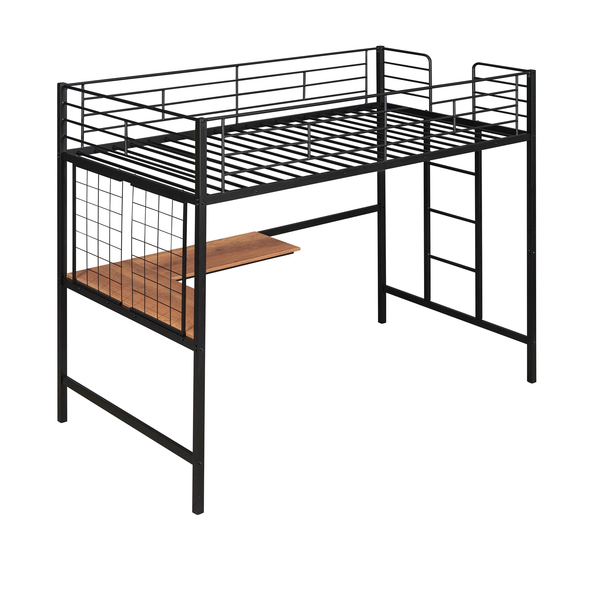 Twin Metal Loft Bed With Desk And Metal Grid,Black Twin Black Metal