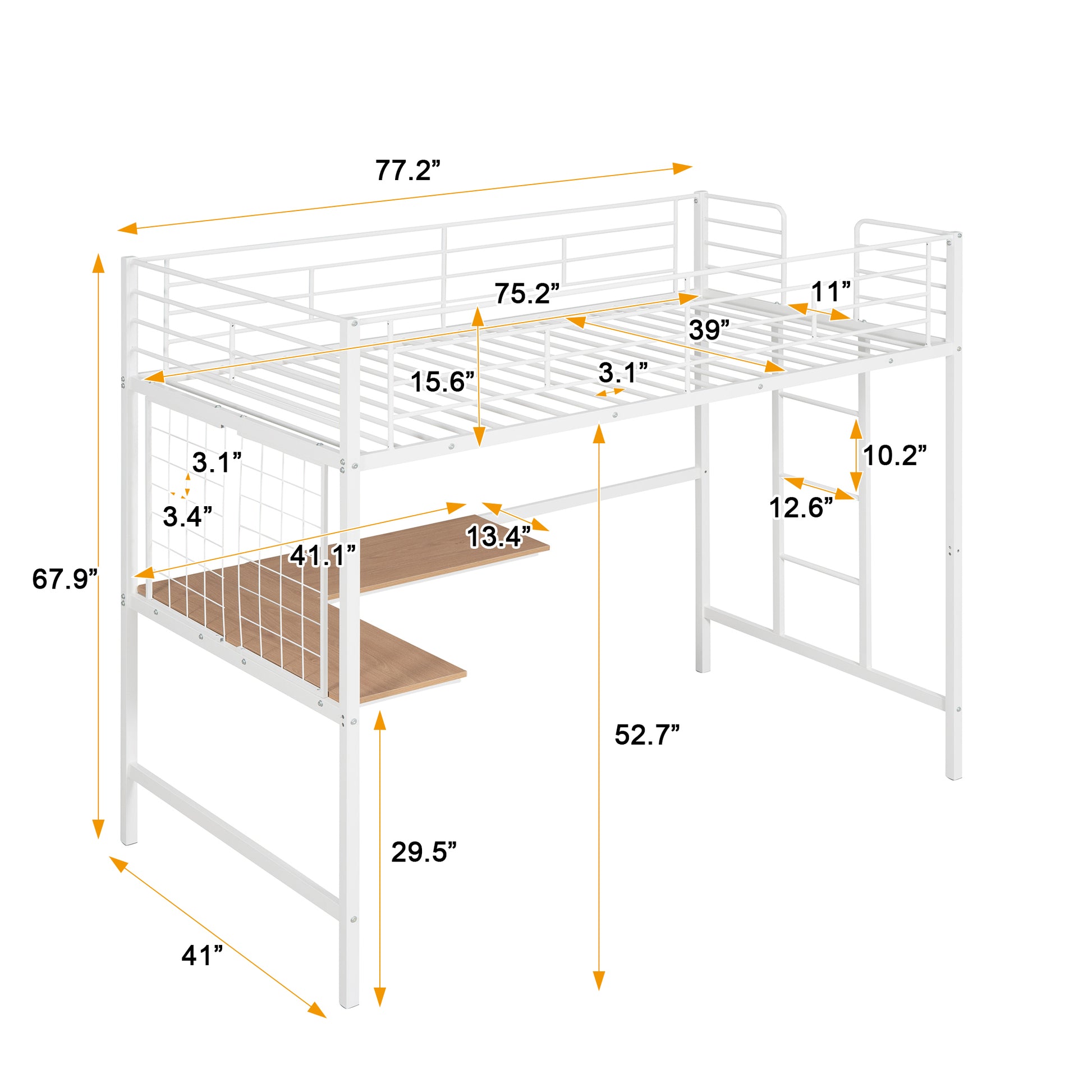 Twin Metal Loft Bed With Desk And Metal Grid,White Twin White Metal