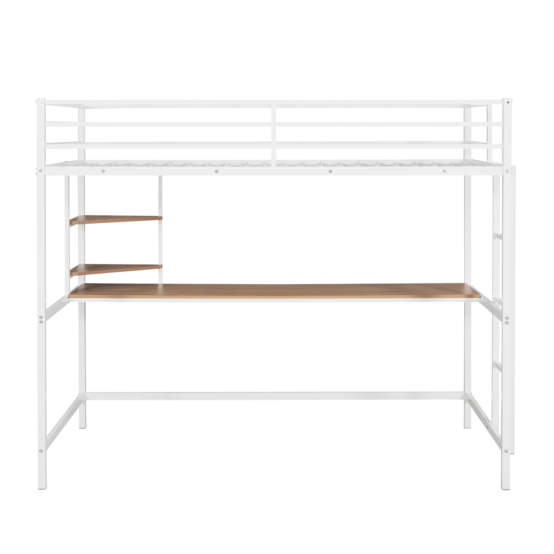 Twin Metal Loft Bed With Desk And Shelve,White White Metal