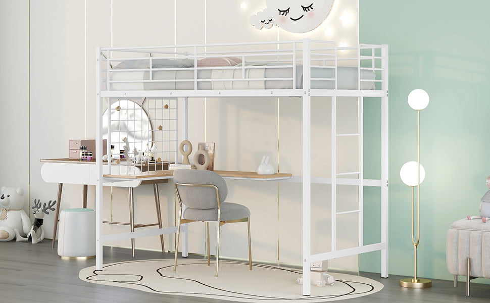 Twin Metal Loft Bed With Desk And Metal Grid,White Twin White Metal