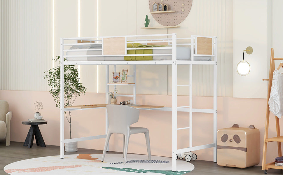 Twin Metal Loft Bed With Desk And Shelve,White Twin White Metal